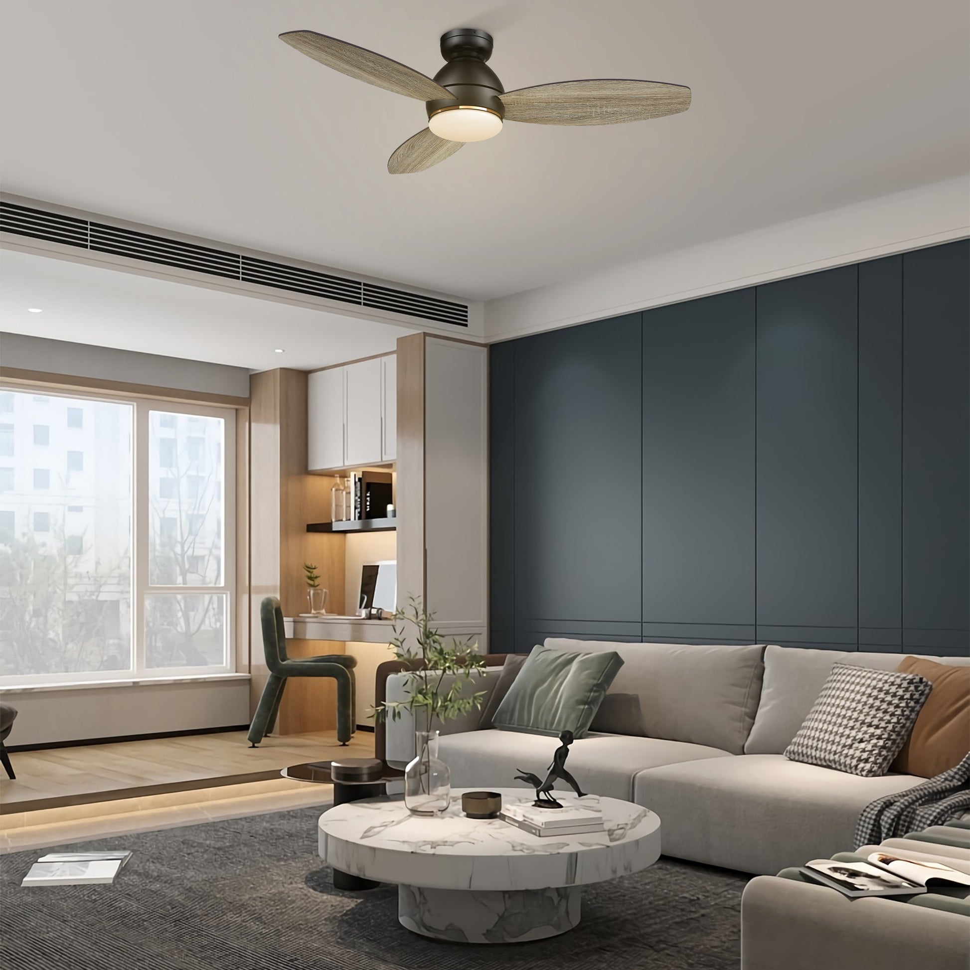 Carro HOBART 48 inch 3-Blade Flush Mount Smart Ceiling Fan with LED Light Kit & Remote- Black/Walnut & Barnwood (Reversible Blades)