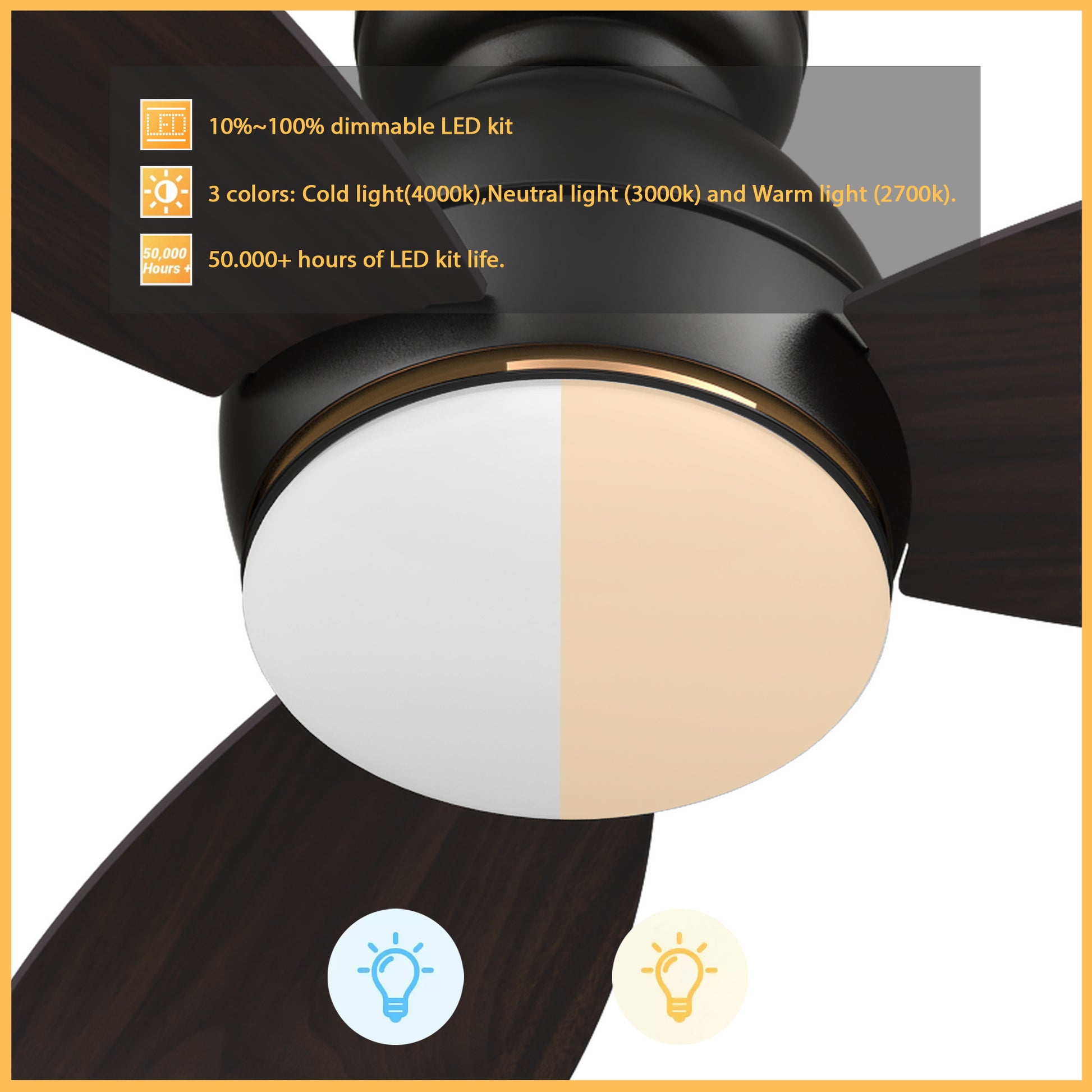 Carro HOBART 48 inch 3-Blade Flush Mount Smart Ceiling Fan with LED Light Kit & Remote- Black/Walnut & Barnwood (Reversible Blades)
