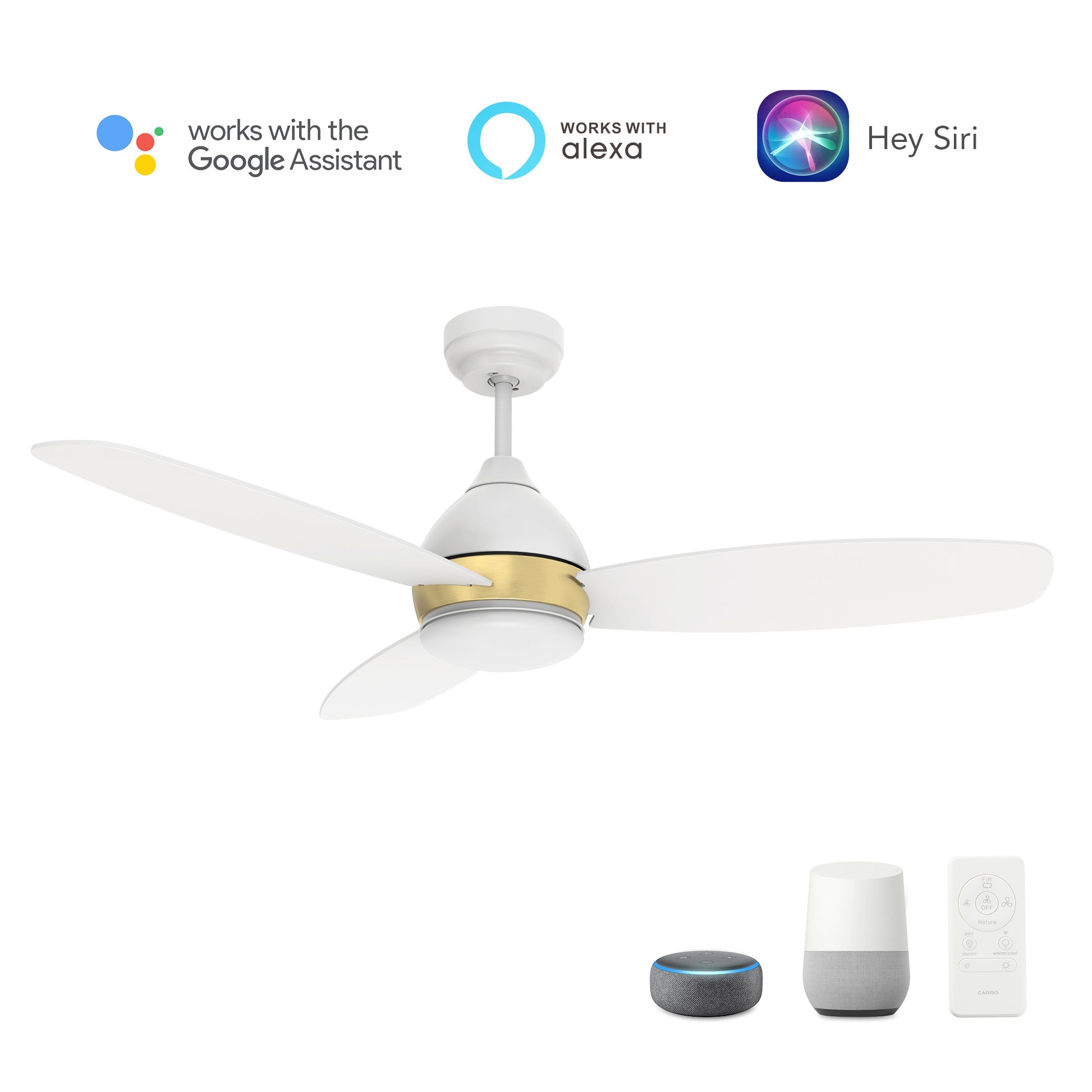 Carro HOBART 52 inch 3-Blade Smart Ceiling Fan with LED Light Kit & Remote- White/White (Gold Detail)