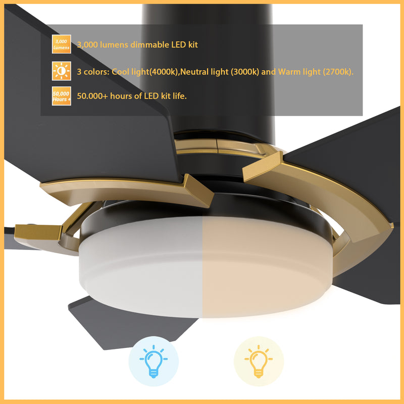 Carro WOODROW 48 inch 5-Blade Flush Mount Smart Ceiling Fan with LED Light Kit & Remote - Black/Black (Gold Detail)