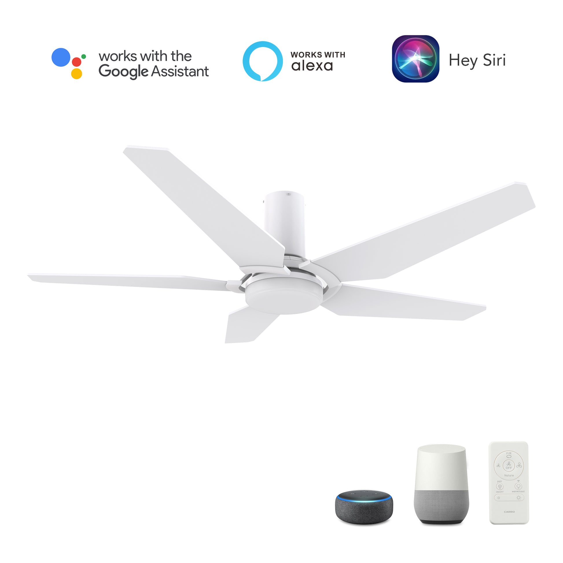 Carro WOODROW 48 inch 5-Blade Flush Mount Smart Ceiling Fan with LED Light Kit & Remote - White/White