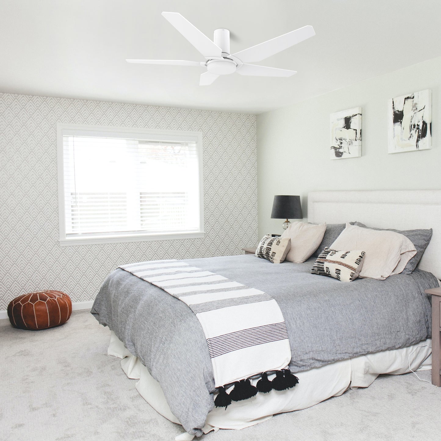 Carro WOODROW 48 inch 5-Blade Flush Mount Smart Ceiling Fan with LED Light Kit & Remote - White/White