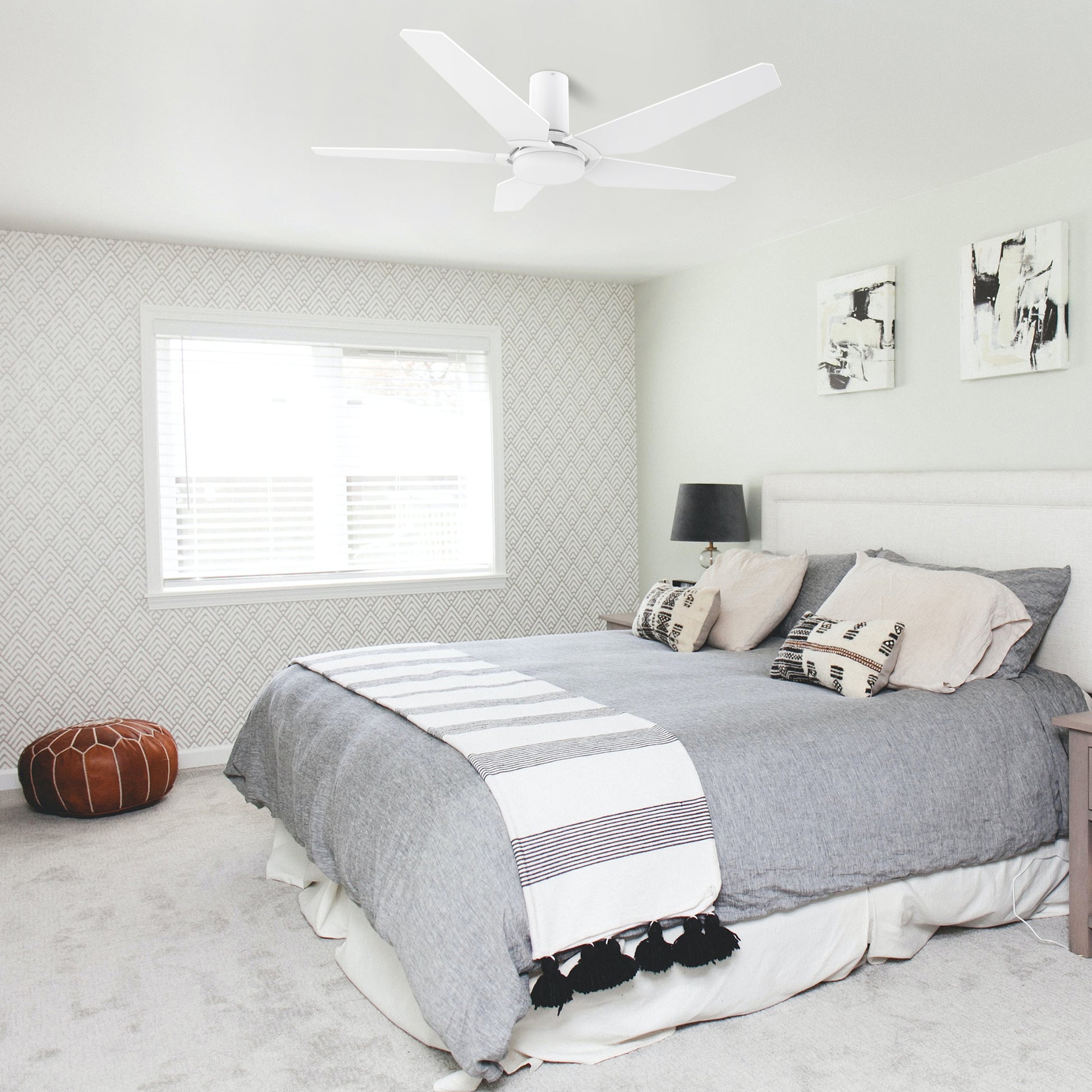 Carro WOODROW 48 inch 5-Blade Flush Mount Smart Ceiling Fan with LED Light Kit & Remote - White/White