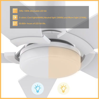 Carro WOODROW 48 inch 5-Blade Flush Mount Smart Ceiling Fan with LED Light Kit & Remote - White/White