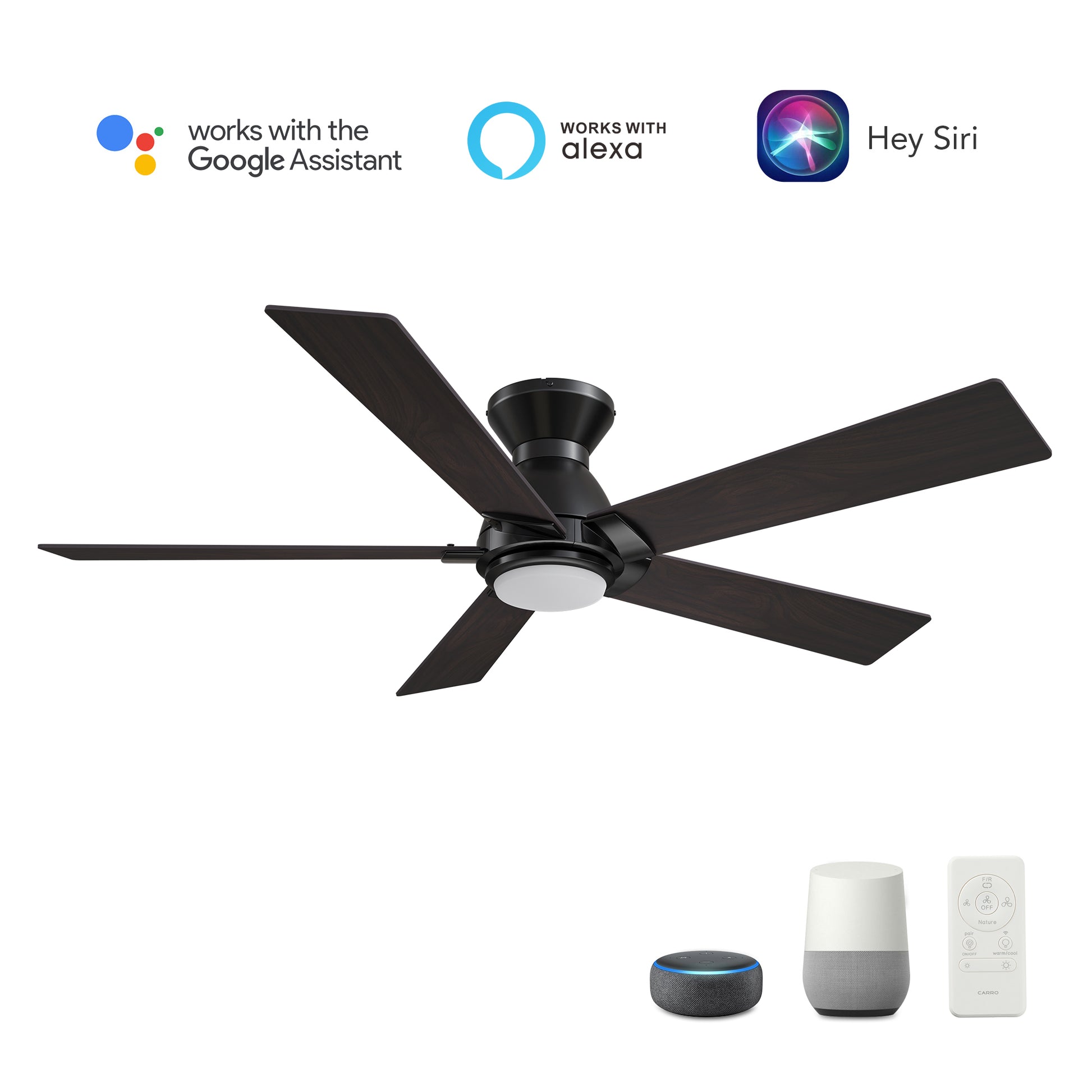 Carro ASCENDER 48 inch 5-Blade Flush Mount Smart Ceiling Fan with LED Light & Remote Control - Black/Walnut & Barnwood (Reversible Blades)