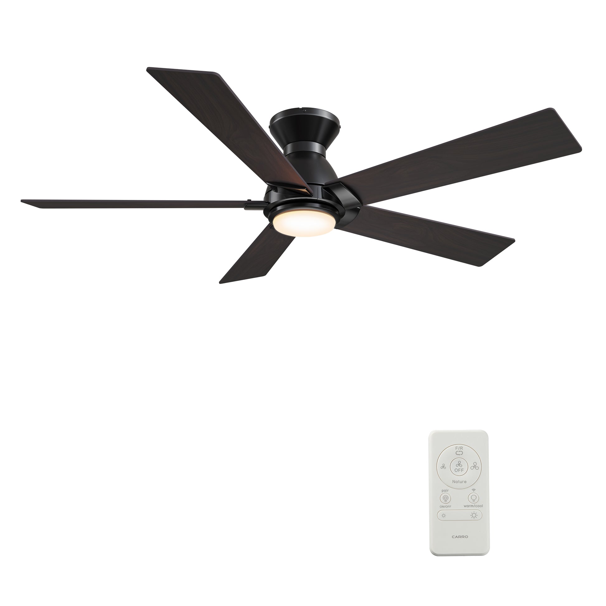 Carro ASCENDER 48 inch 5-Blade Flush Mount Smart Ceiling Fan with LED Light & Remote Control - Black/Walnut & Barnwood (Reversible Blades)