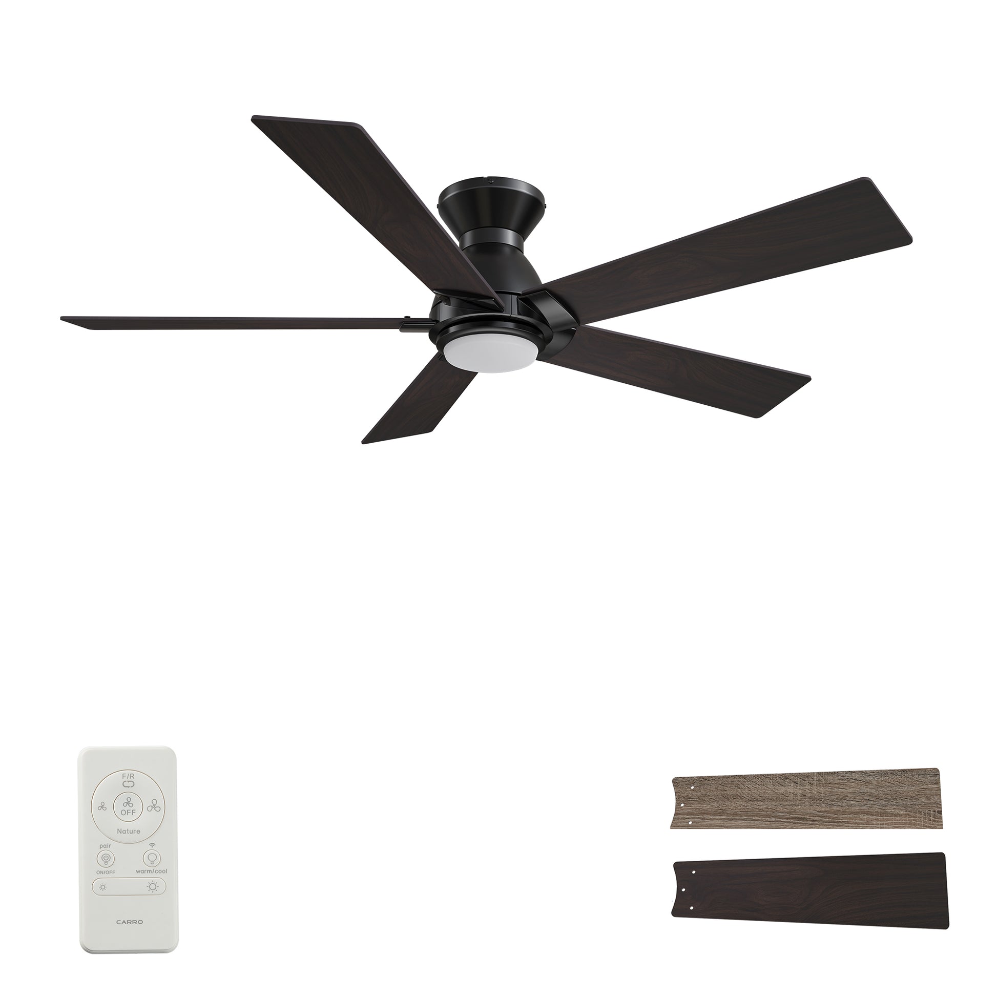 Carro ASCENDER 48 inch 5-Blade Flush Mount Smart Ceiling Fan with LED Light & Remote Control - Black/Walnut & Barnwood (Reversible Blades)