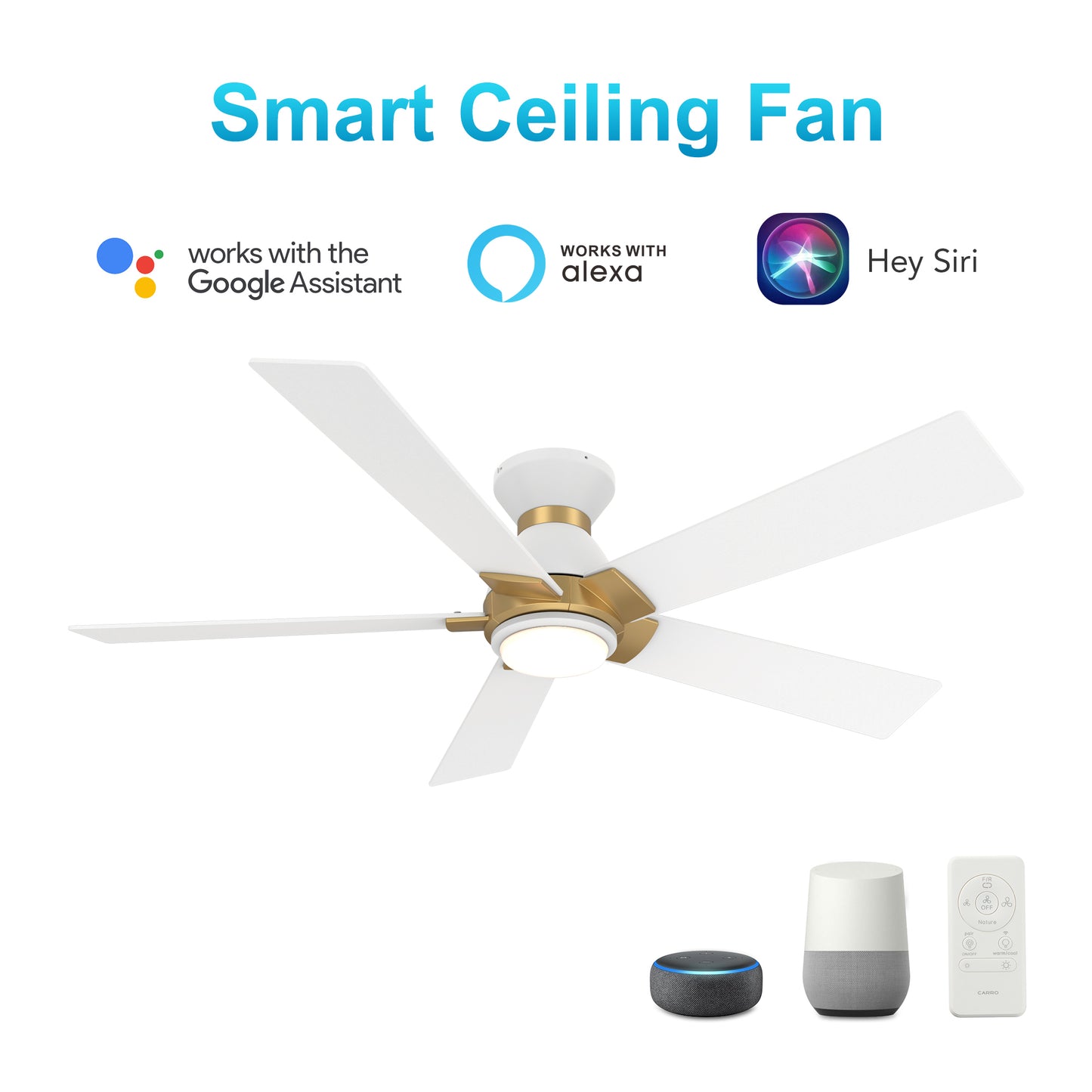 Carro ASCENDER 48 inch 5-Blade Flush Mount Smart Ceiling Fan with LED Light & Remote Control - White/White (Gold Details)