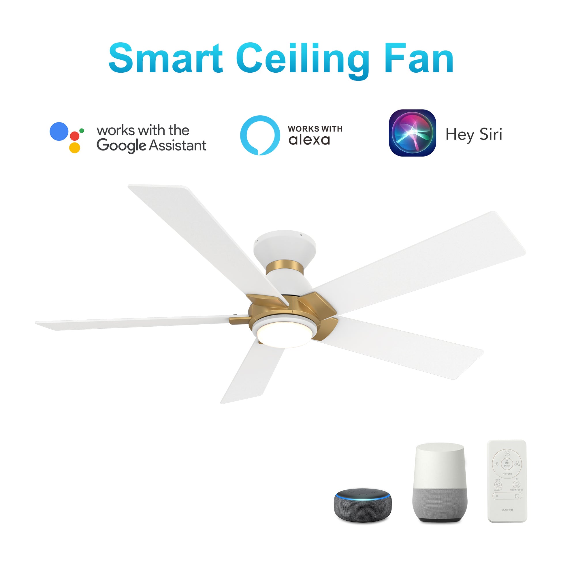 Carro ASCENDER 48 inch 5-Blade Flush Mount Smart Ceiling Fan with LED Light & Remote Control - White/White (Gold Details)