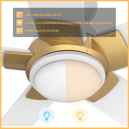 Carro ASCENDER 48 inch 5-Blade Flush Mount Smart Ceiling Fan with LED Light & Remote Control - White/White (Gold Details)