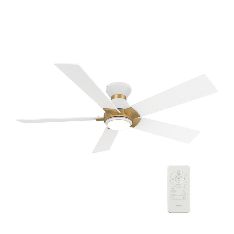 Carro ASCENDER 48 inch 5-Blade Flush Mount Smart Ceiling Fan with LED Light & Remote Control - White/White (Gold Details)