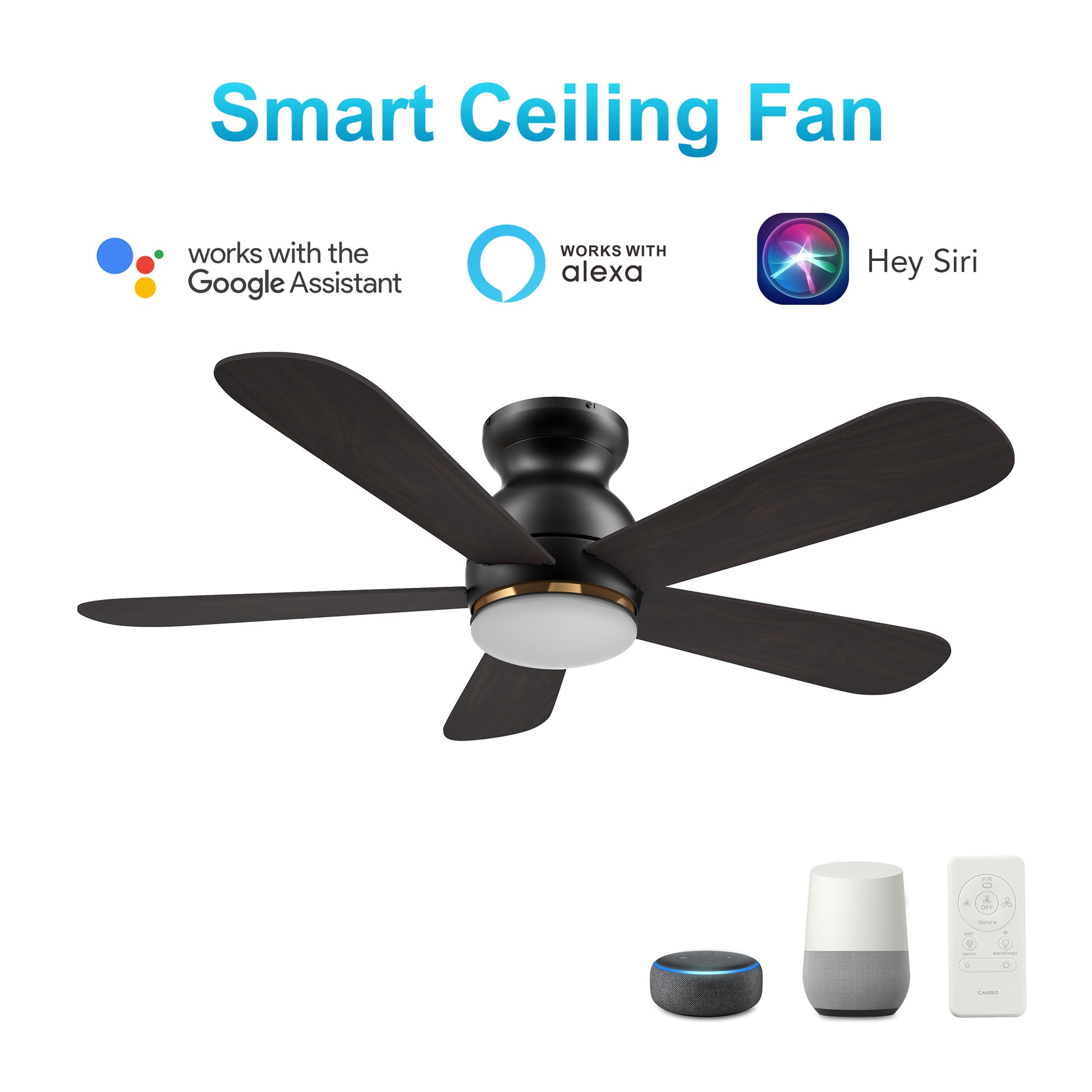 Carro DUBOIS 48 inch 5-Blade Flush Mount Smart Ceiling Fan with LED Light Kit & Remote- Black/Walnut & Barnwood (Reversible Blades)