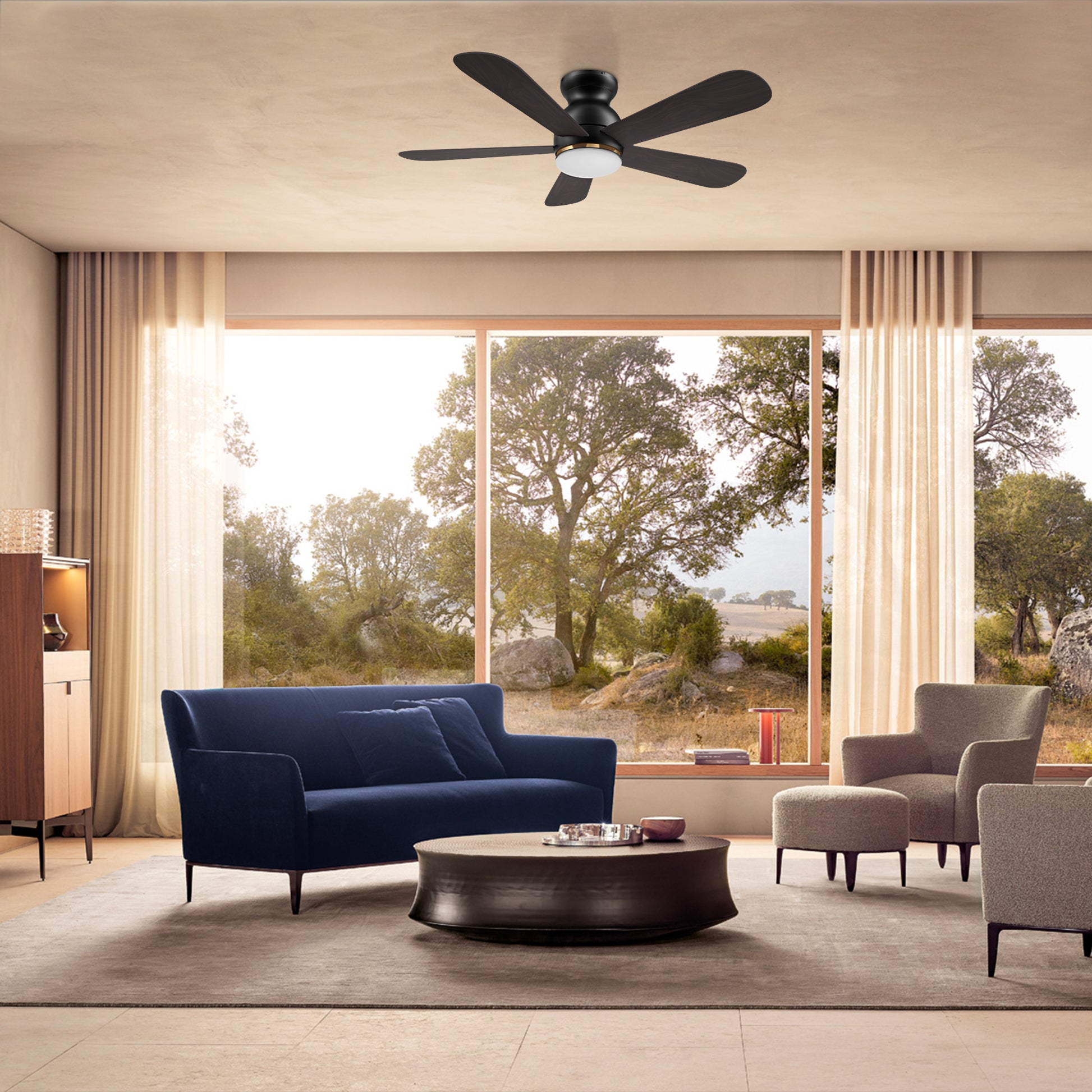 Carro DUBOIS 48 inch 5-Blade Flush Mount Smart Ceiling Fan with LED Light Kit & Remote- Black/Walnut & Barnwood (Reversible Blades)