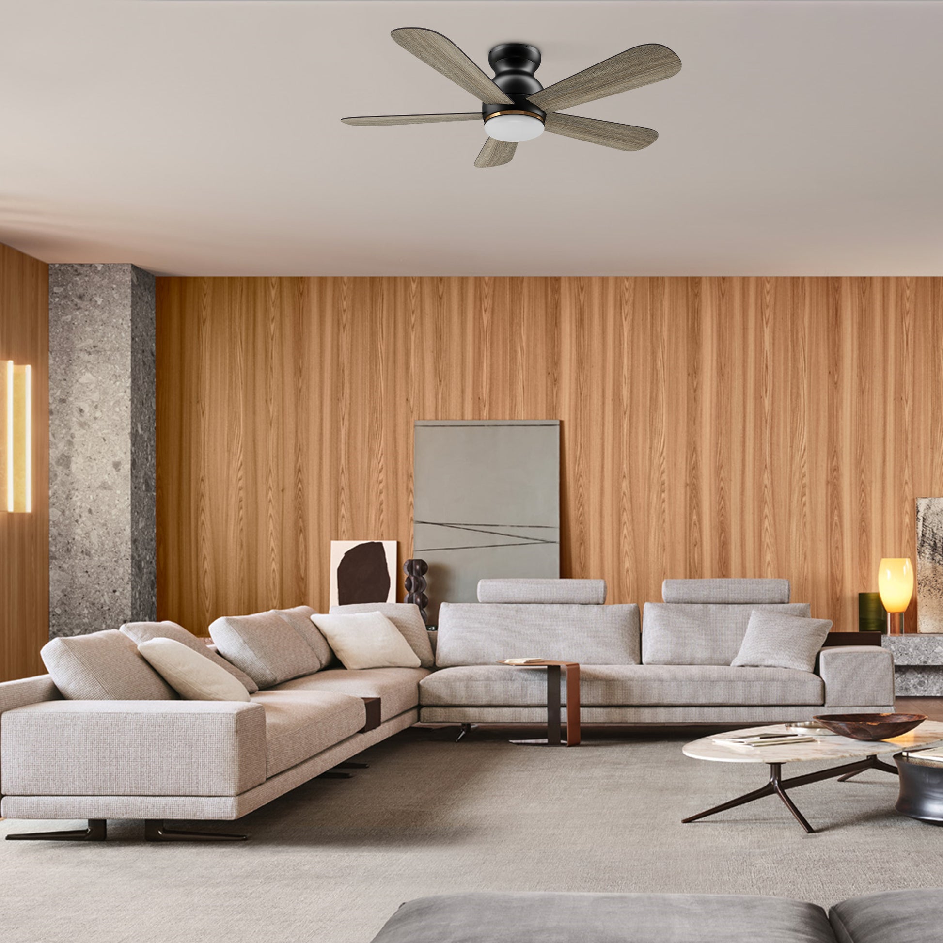 Carro DUBOIS 48 inch 5-Blade Flush Mount Smart Ceiling Fan with LED Light Kit & Remote- Black/Walnut & Barnwood (Reversible Blades)