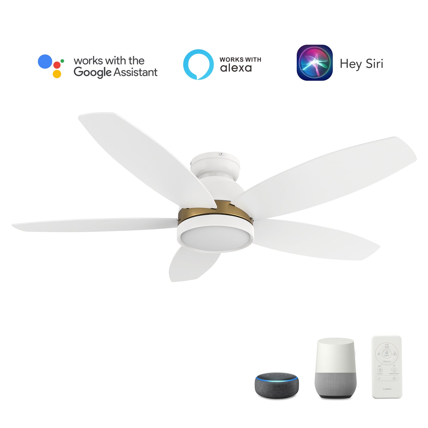 Carro GRANVILLE 48 inch 5-Blade Flush Mount Smart Ceiling Fan with LED Light Kit & Remote- White/White (Gold Detail)