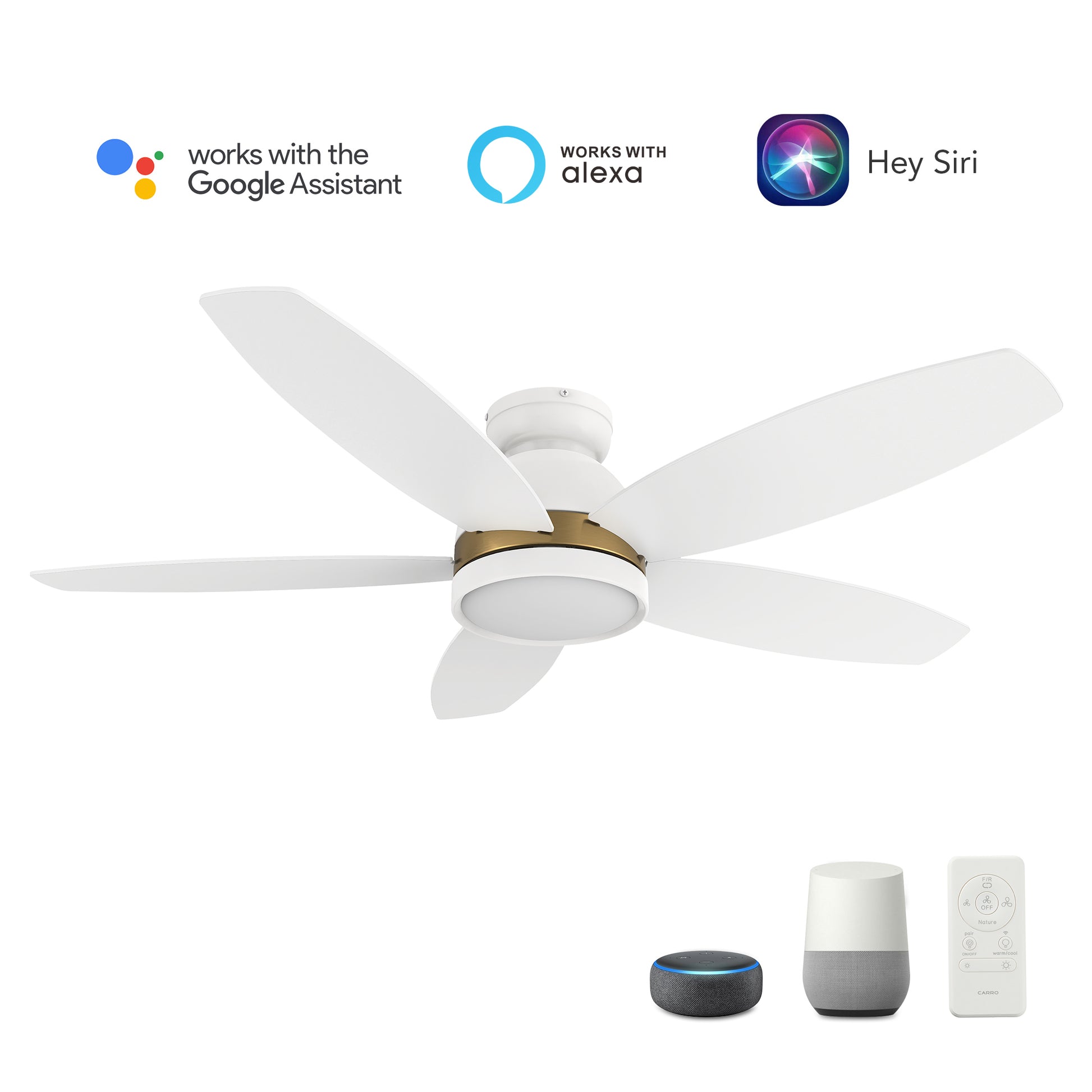 Carro GRANVILLE 48 inch 5-Blade Flush Mount Smart Ceiling Fan with LED Light Kit & Remote- White/White (Gold Detail)