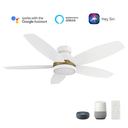 Carro GRANVILLE 48 inch 5-Blade Flush Mount Smart Ceiling Fan with LED Light Kit & Remote- White/White (Gold Detail)
