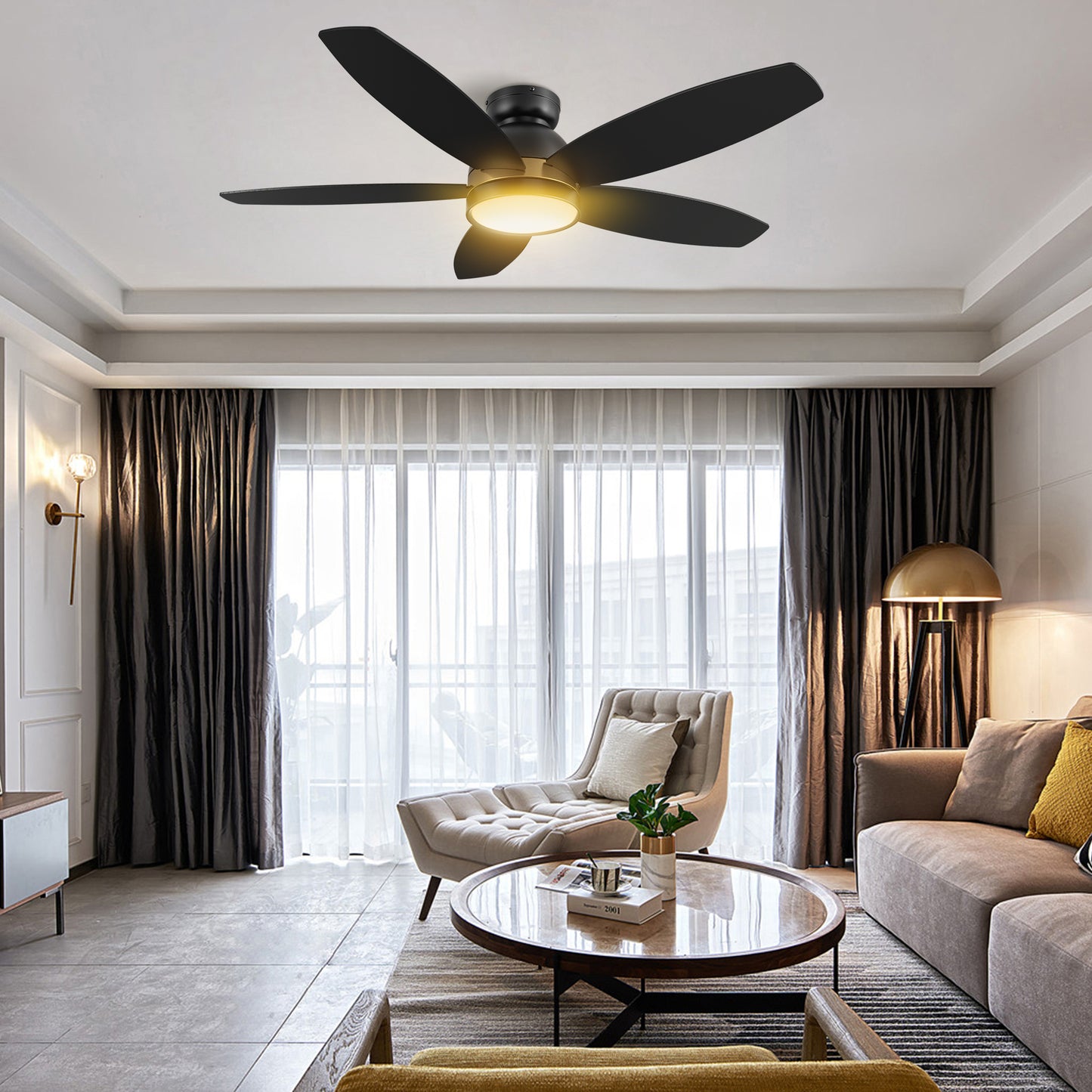 Carro GRANVILLE 48 inch 5-Blade Flush Mount Smart Ceiling Fan with LED Light Kit & Remote- Black/Black (Gold Detail)
