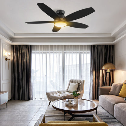 Carro GRANVILLE 48 inch 5-Blade Flush Mount Smart Ceiling Fan with LED Light Kit & Remote- Black/Black (Gold Detail)