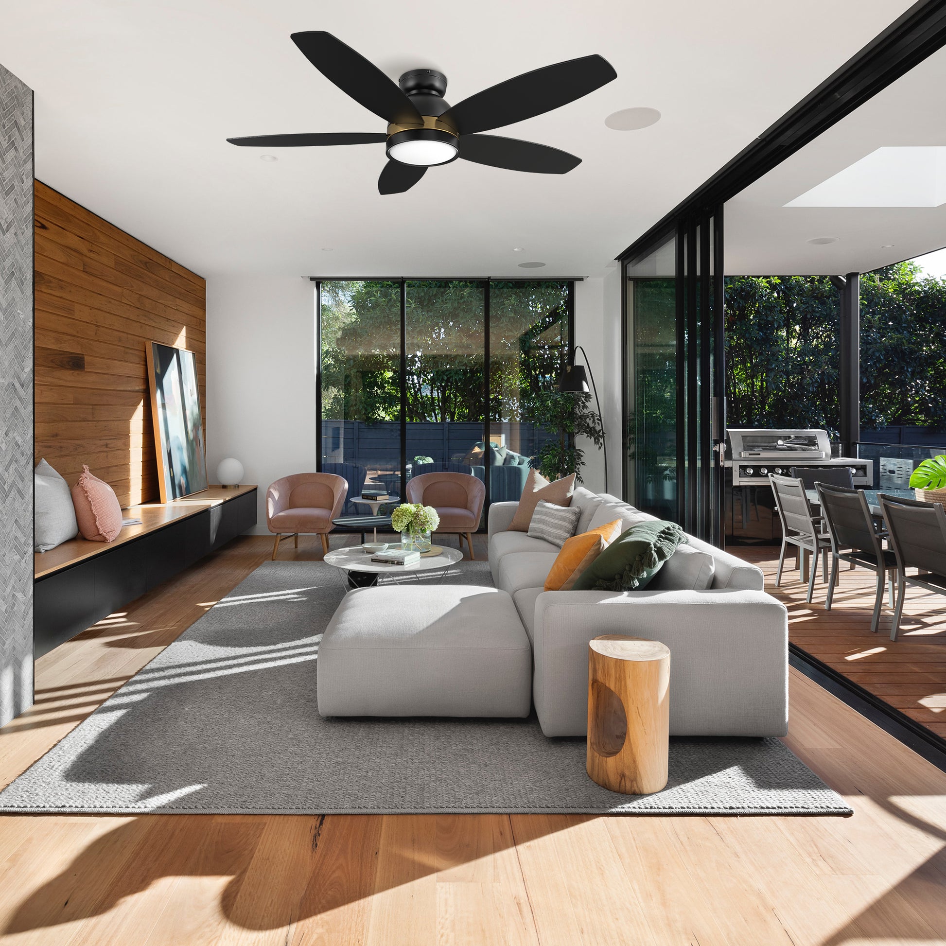 Carro GRANVILLE 48 inch 5-Blade Flush Mount Smart Ceiling Fan with LED Light Kit & Remote- Black/Black (Gold Detail)
