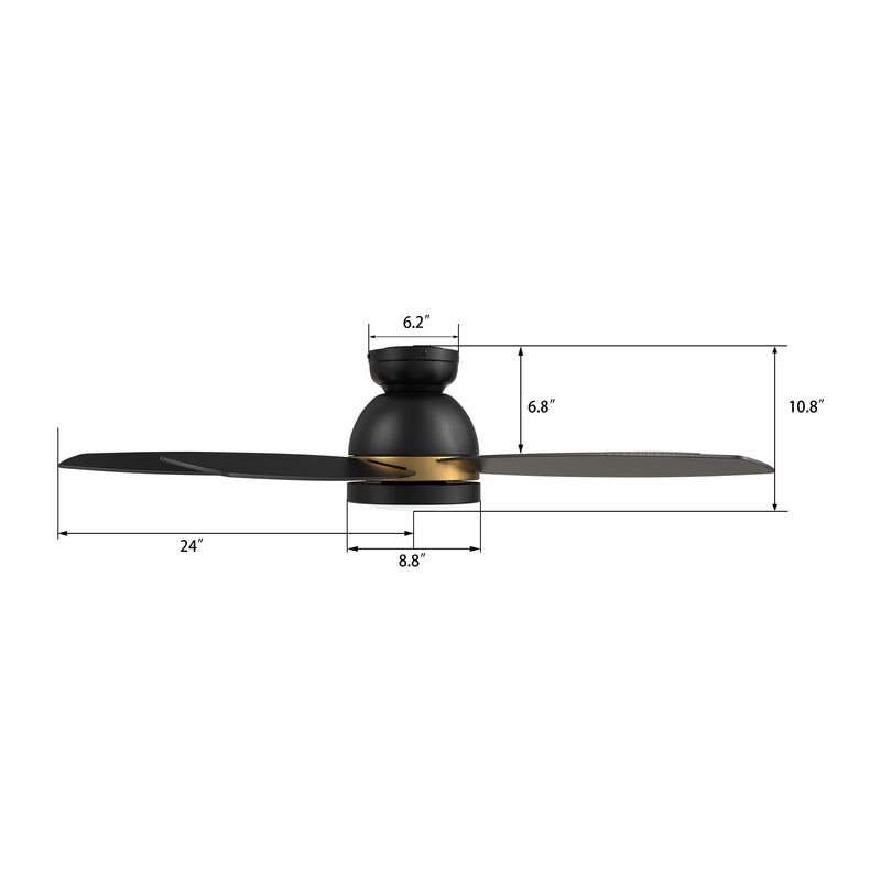 Carro GRANVILLE 48 inch 5-Blade Flush Mount Smart Ceiling Fan with LED Light Kit & Remote- Black/Black (Gold Detail)
