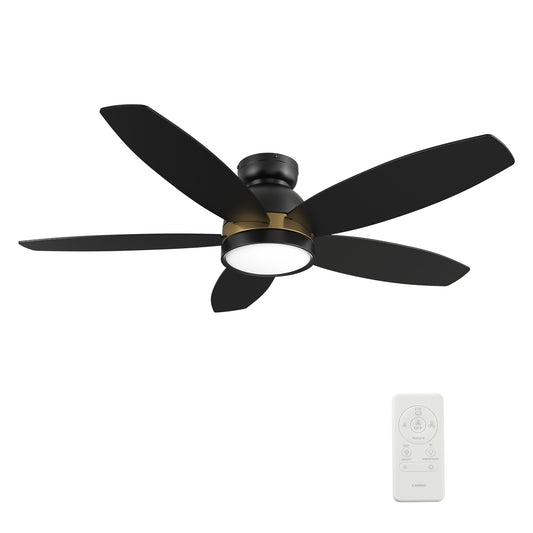 Carro GRANVILLE 48 inch 5-Blade Flush Mount Smart Ceiling Fan with LED Light Kit & Remote- Black/Black (Gold Detail)