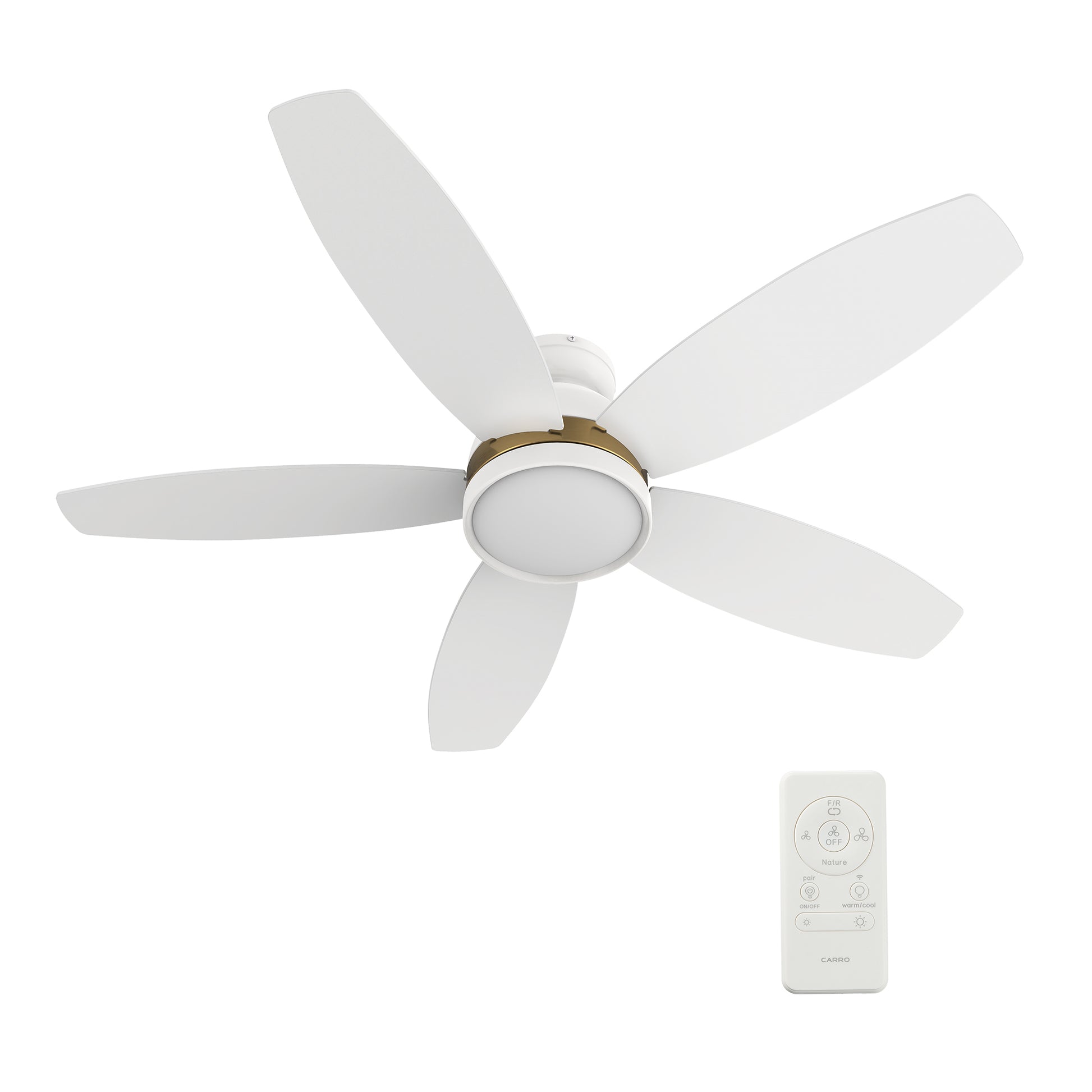 Carro GRANVILLE 48 inch 5-Blade Flush Mount Smart Ceiling Fan with LED Light Kit & Remote- White/White (Gold Detail)