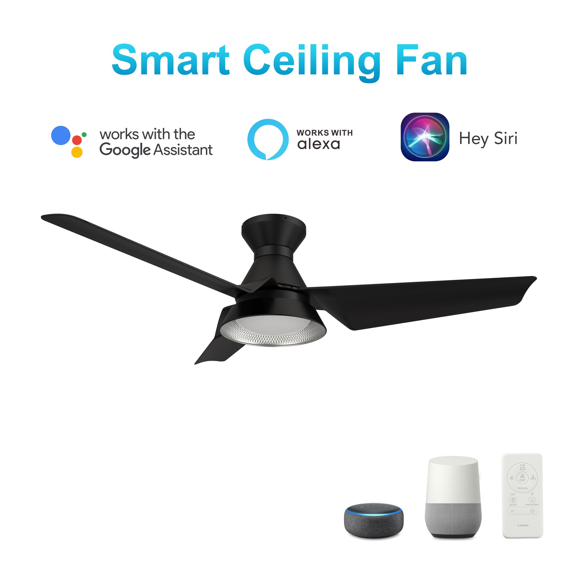 Carro Home KREIS 52 inch Flush Mount 3-Blade Smart Ceiling Fan with LED Light Kit & Remote - Black/Black Fan Blades