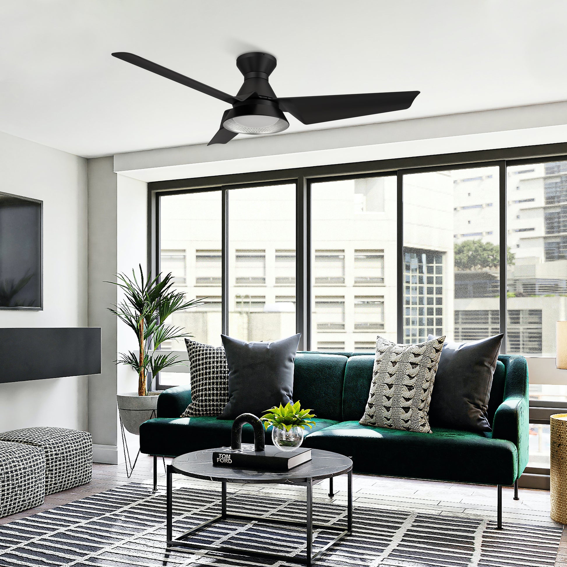 Carro Home KREIS 52 inch Flush Mount 3-Blade Smart Ceiling Fan with LED Light Kit & Remote - Black/Black Fan Blades