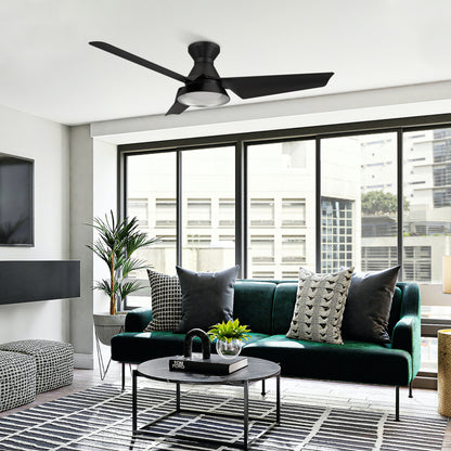 Carro Home KREIS 52 inch Flush Mount 3-Blade Smart Ceiling Fan with LED Light Kit & Remote - Black/Black Fan Blades