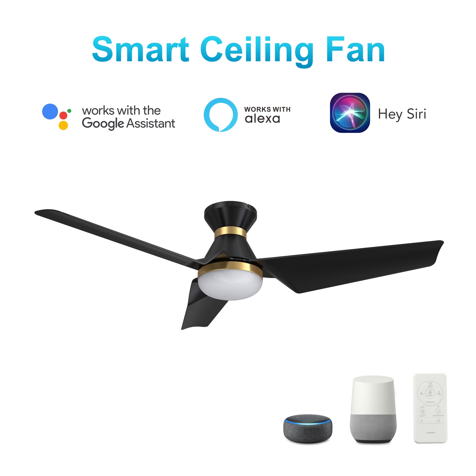 Carro KREIS 52 inch Flush Mount 3-Blade Smart Ceiling Fan with LED Light Kit & Remote - Black/Black (Gold Detail)