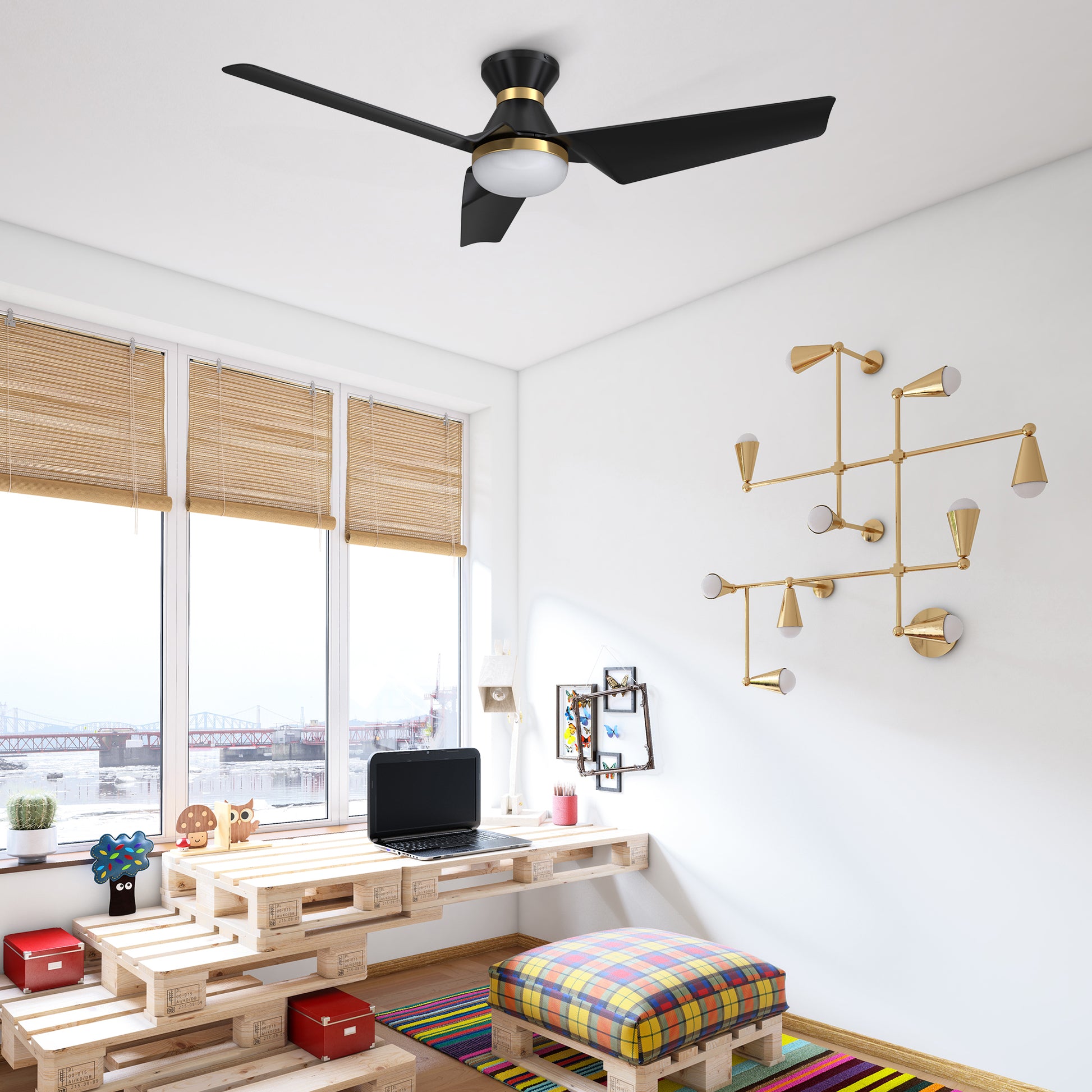 Carro KREIS 52 inch Flush Mount 3-Blade Smart Ceiling Fan with LED Light Kit & Remote - Black/Black (Gold Detail)