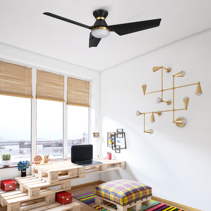 Carro KREIS 52 inch Flush Mount 3-Blade Smart Ceiling Fan with LED Light Kit & Remote - Black/Black (Gold Detail)
