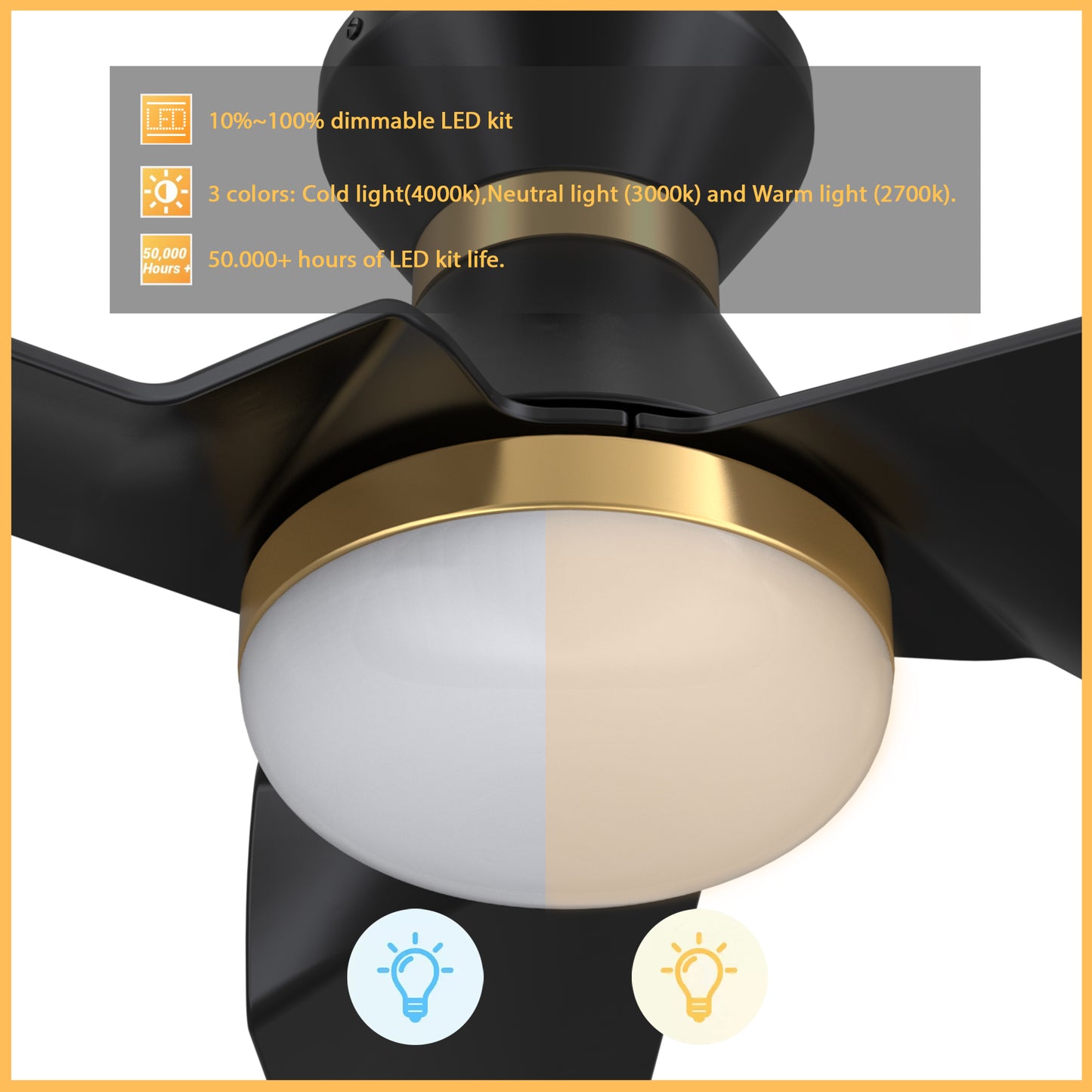 Carro KREIS 52 inch Flush Mount 3-Blade Smart Ceiling Fan with LED Light Kit & Remote - Black/Black (Gold Detail)