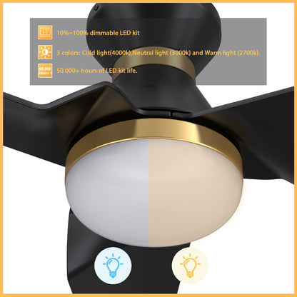 Carro KREIS 52 inch Flush Mount 3-Blade Smart Ceiling Fan with LED Light Kit & Remote - Black/Black (Gold Detail)