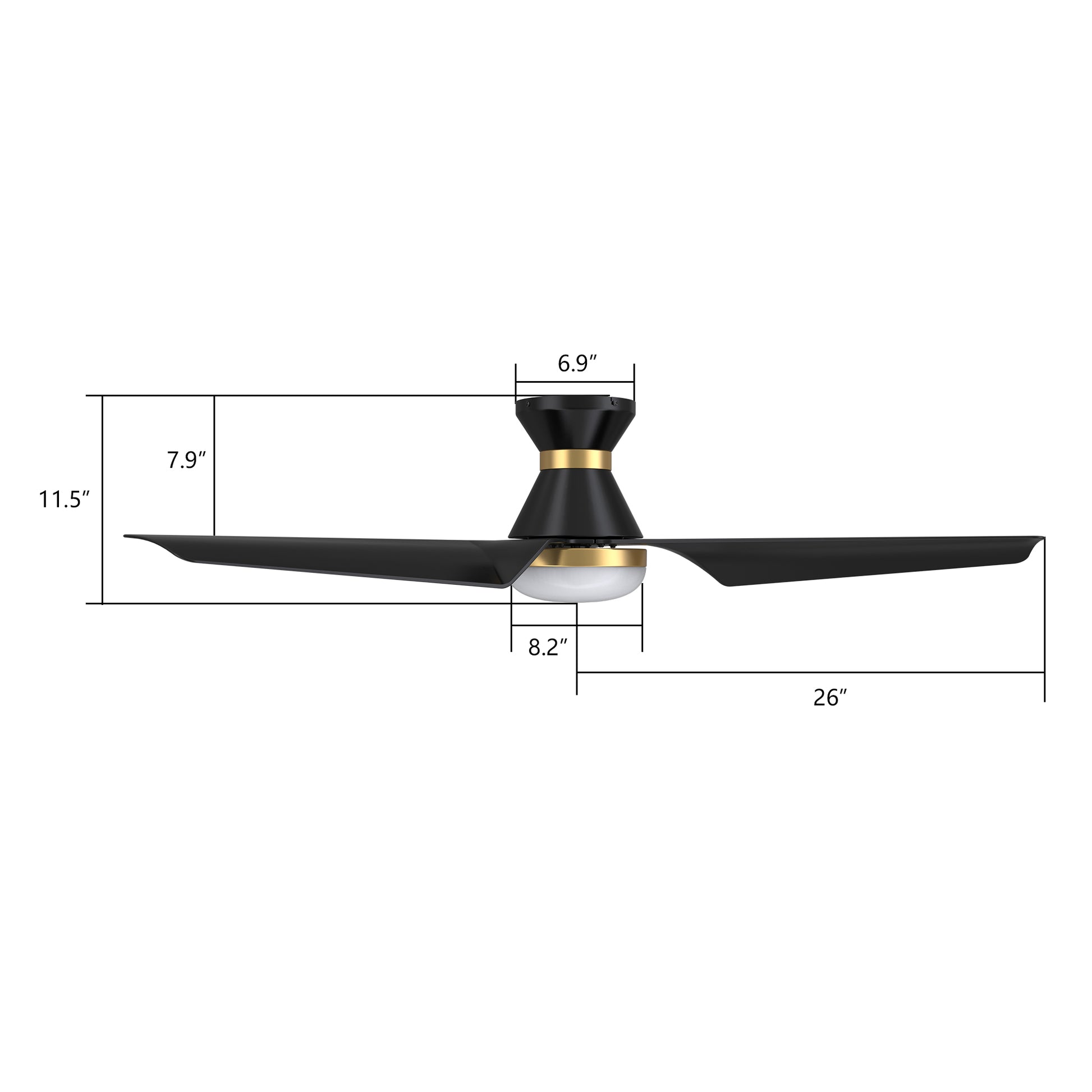 Carro KREIS 52 inch Flush Mount 3-Blade Smart Ceiling Fan with LED Light Kit & Remote - Black/Black (Gold Detail)
