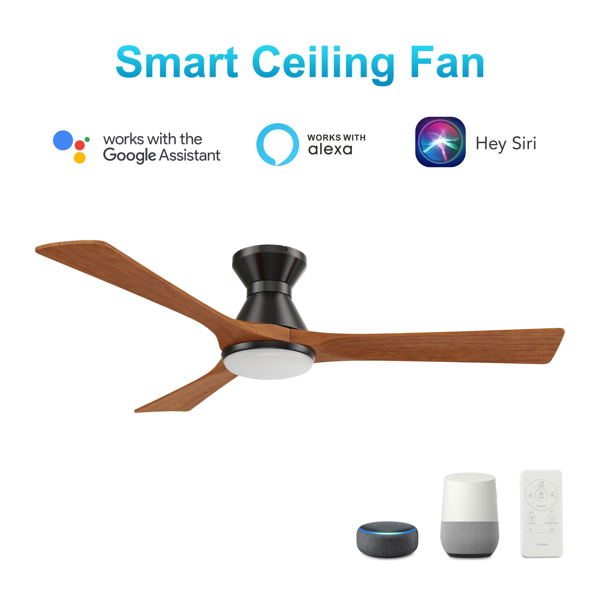 Carro NICOLET 52 inch 3-Blade Flush Mount Smart Ceiling Fan with LED Light Kit & Remote- Black/Antique Walnut