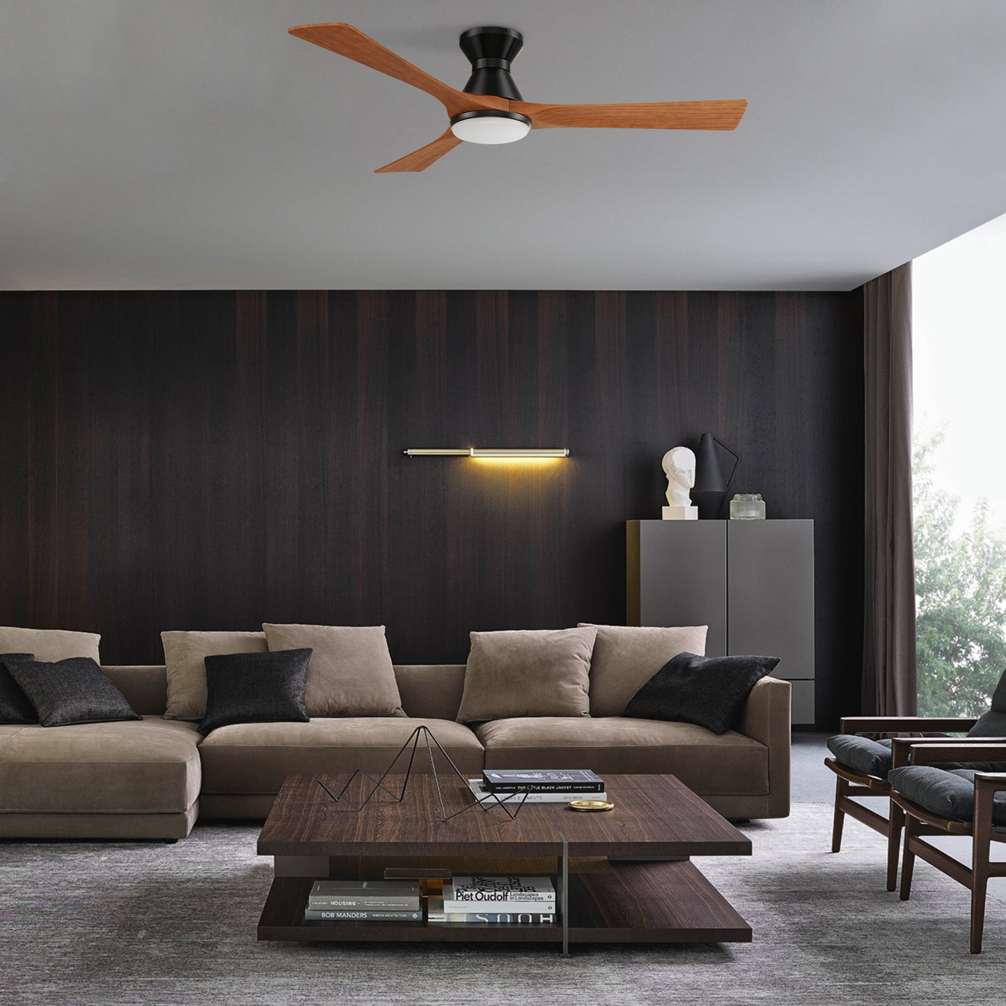 Carro NICOLET 52 inch 3-Blade Flush Mount Smart Ceiling Fan with LED Light Kit & Remote- Black/Antique Walnut
