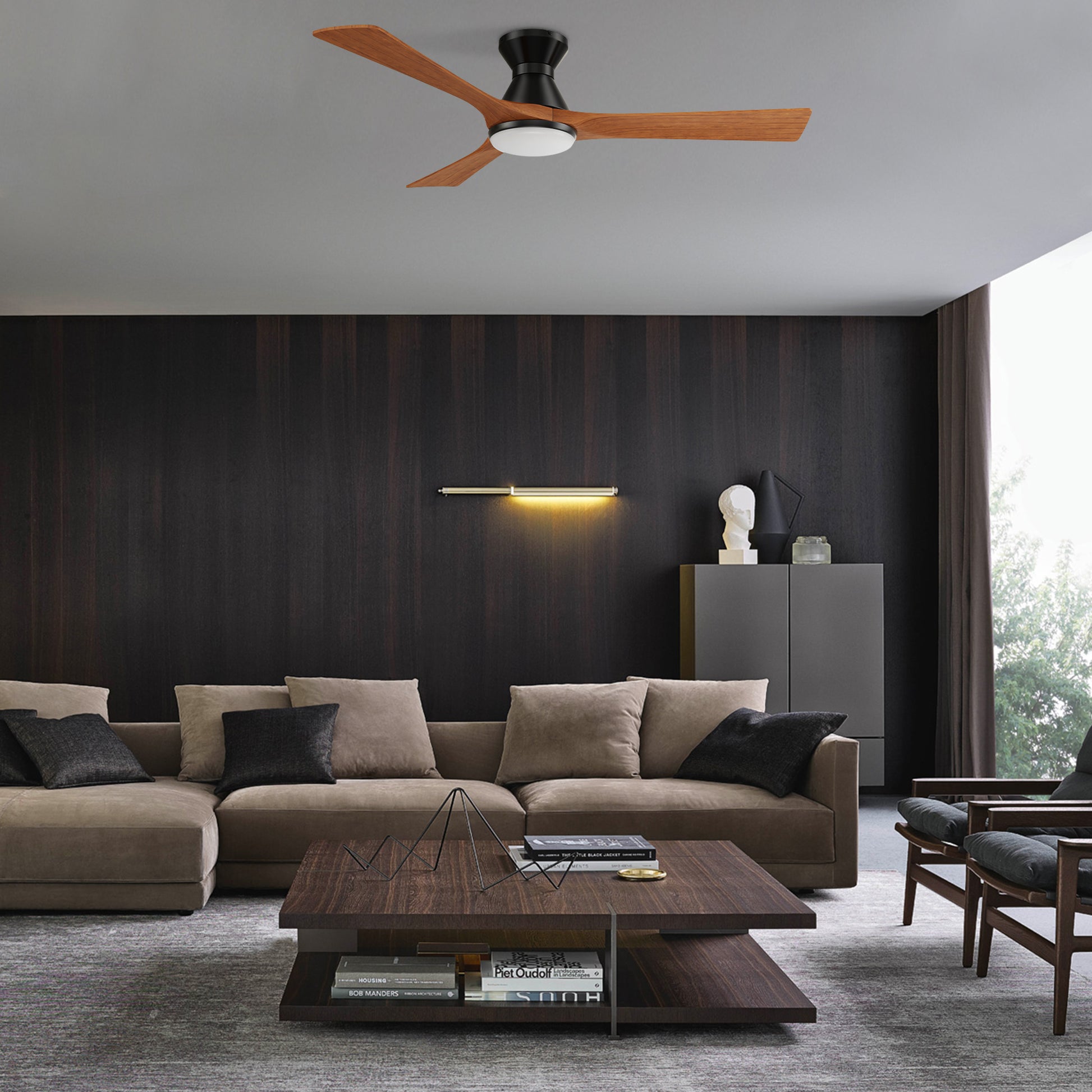 Carro NICOLET 52 inch 3-Blade Flush Mount Smart Ceiling Fan with LED Light Kit & Remote- Black/Antique Walnut