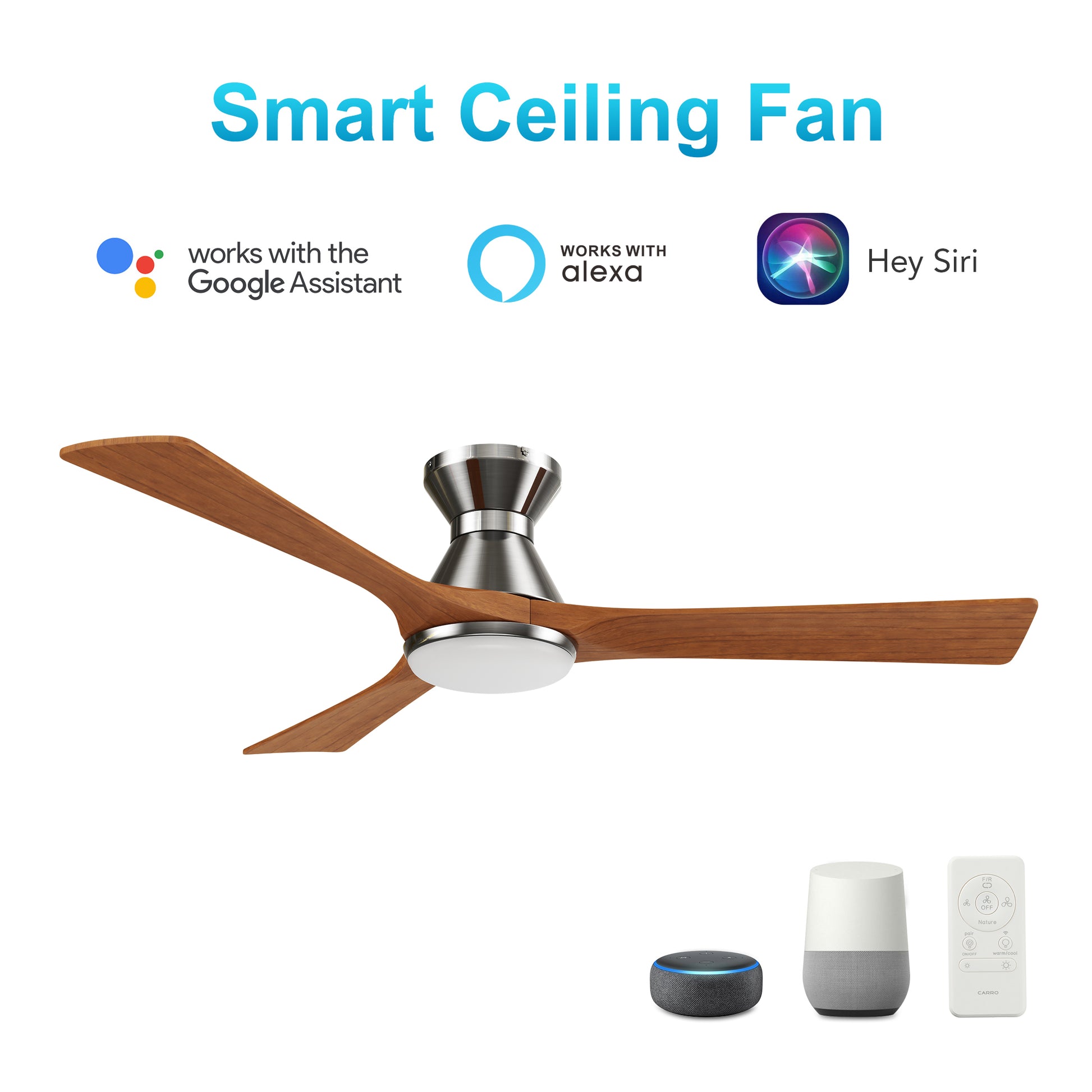 Carro NICOLET 52 inch 3-Blade Flush Mount Smart Ceiling Fan with LED Light Kit & Remote- Silver/Antique Walnut