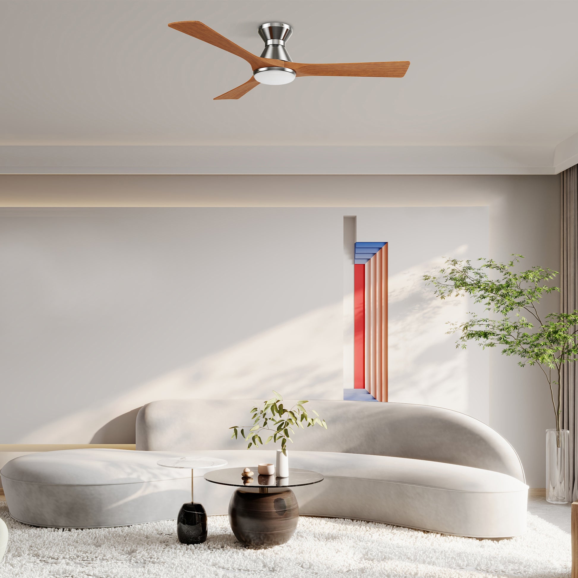 Carro NICOLET 52 inch 3-Blade Flush Mount Smart Ceiling Fan with LED Light Kit & Remote- Silver/Antique Walnut