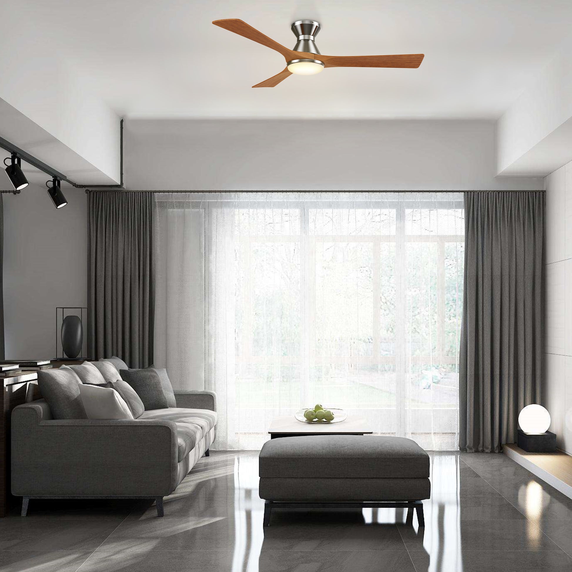 Carro NICOLET 52 inch 3-Blade Flush Mount Smart Ceiling Fan with LED Light Kit & Remote- Silver/Antique Walnut
