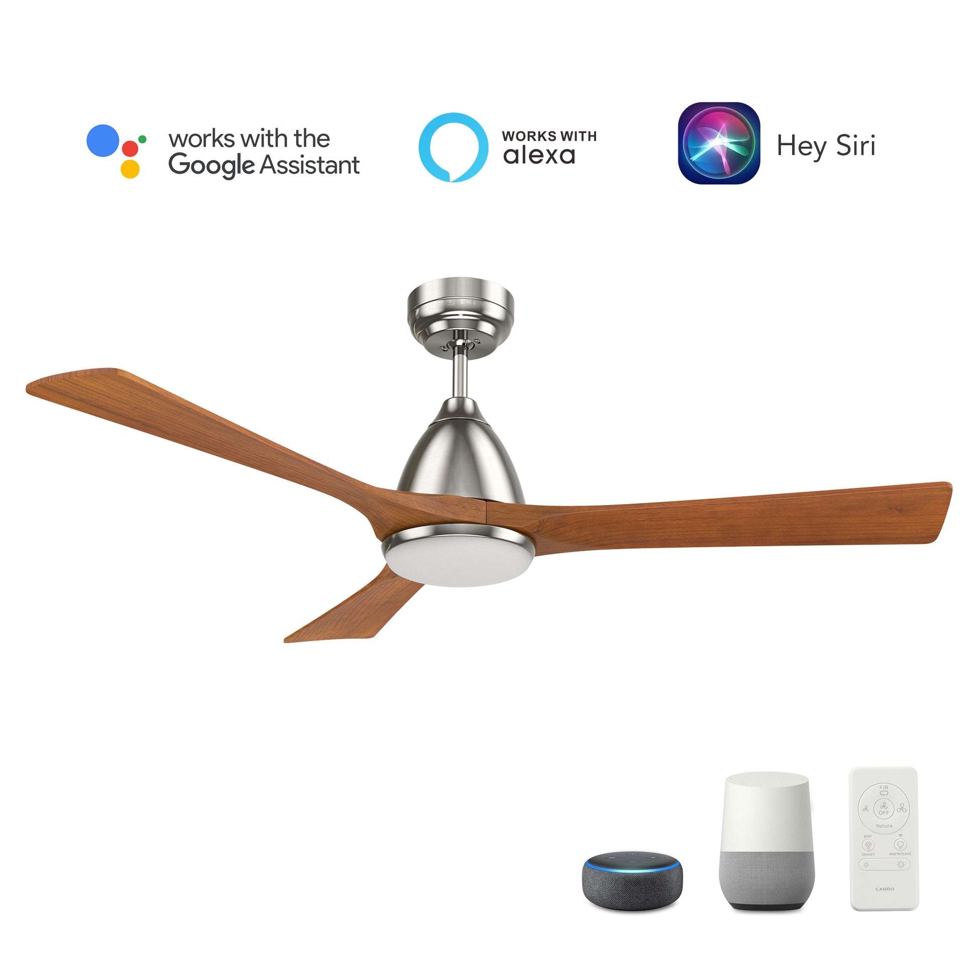 Carro PERRY 52 inch 3-Blade Smart Ceiling Fan with LED Light Kit & Remote- Silver/Antique Walnut