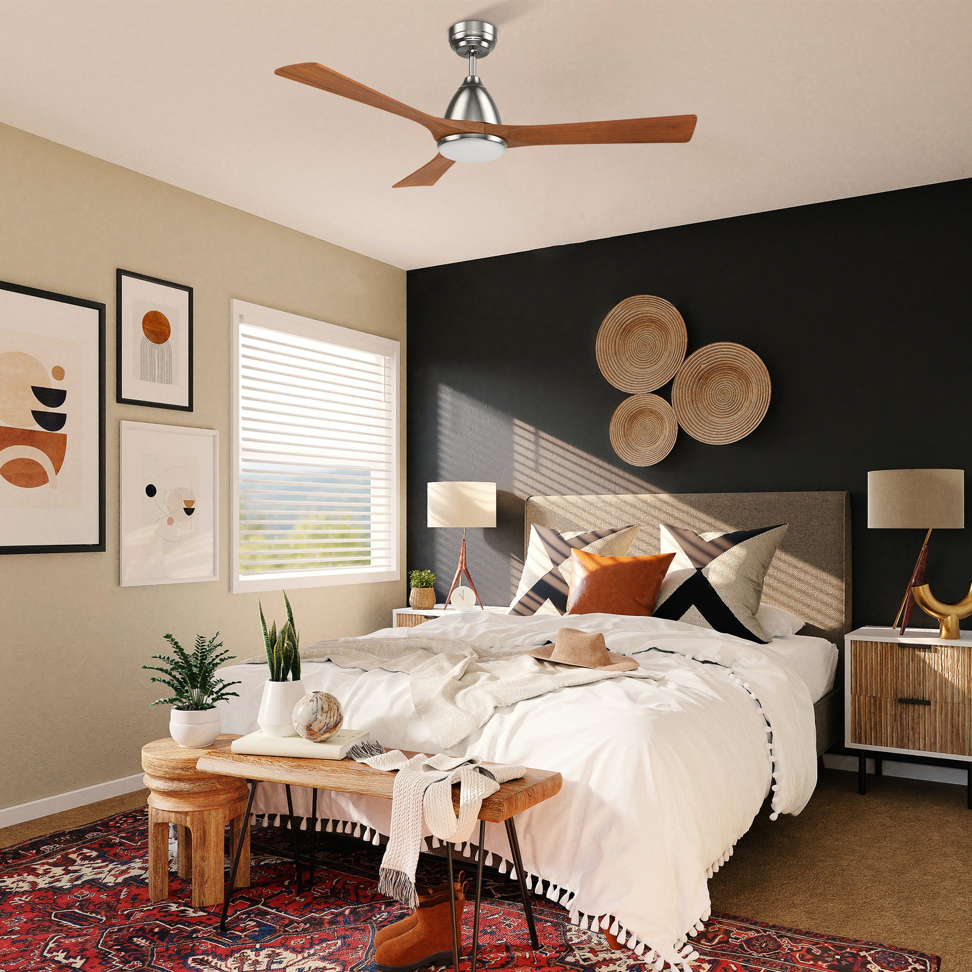 Carro PERRY 52 inch 3-Blade Smart Ceiling Fan with LED Light Kit & Remote- Silver/Antique Walnut