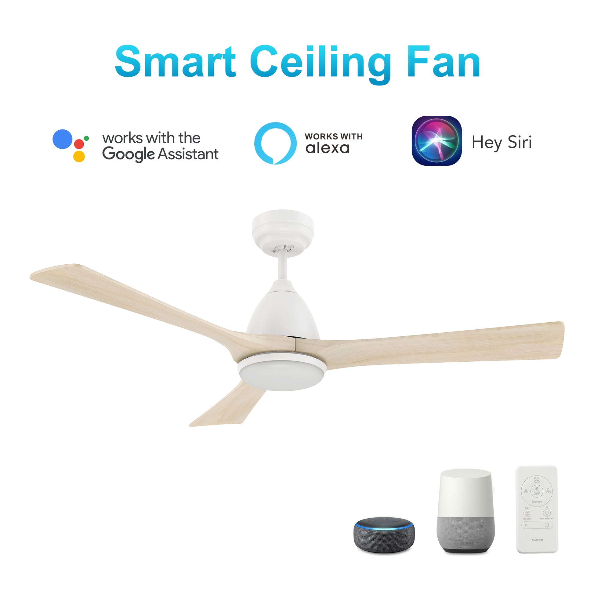 Carro PERRY 52 inch 3-Blade Smart Ceiling Fan with LED Light Kit & Remote- White/Whitewashed Walnut