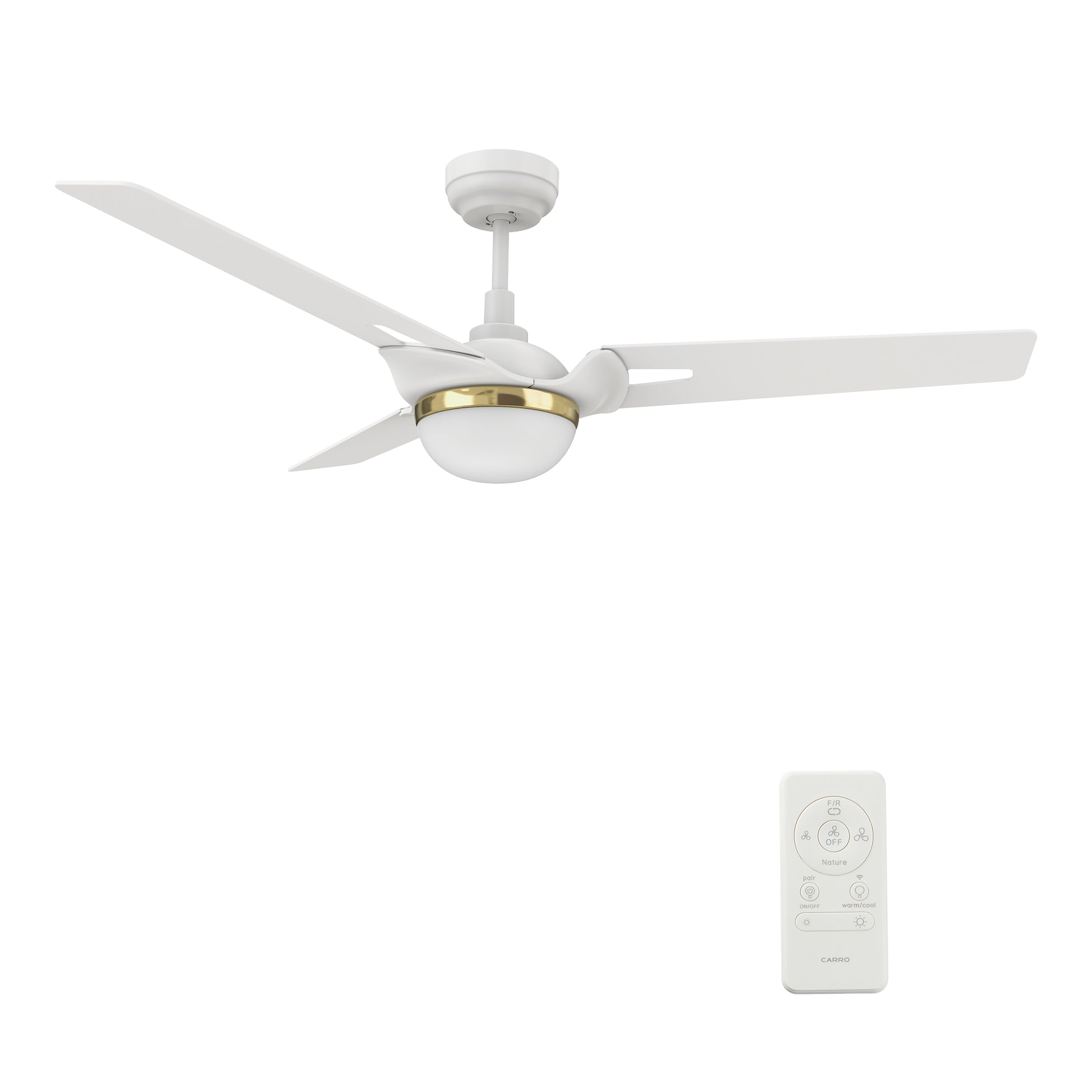 Carro BEDFORD 52 inch 3-Blade Smart Ceiling Fan with LED Light Kit & Remote Control- White/White (Gold Detail)