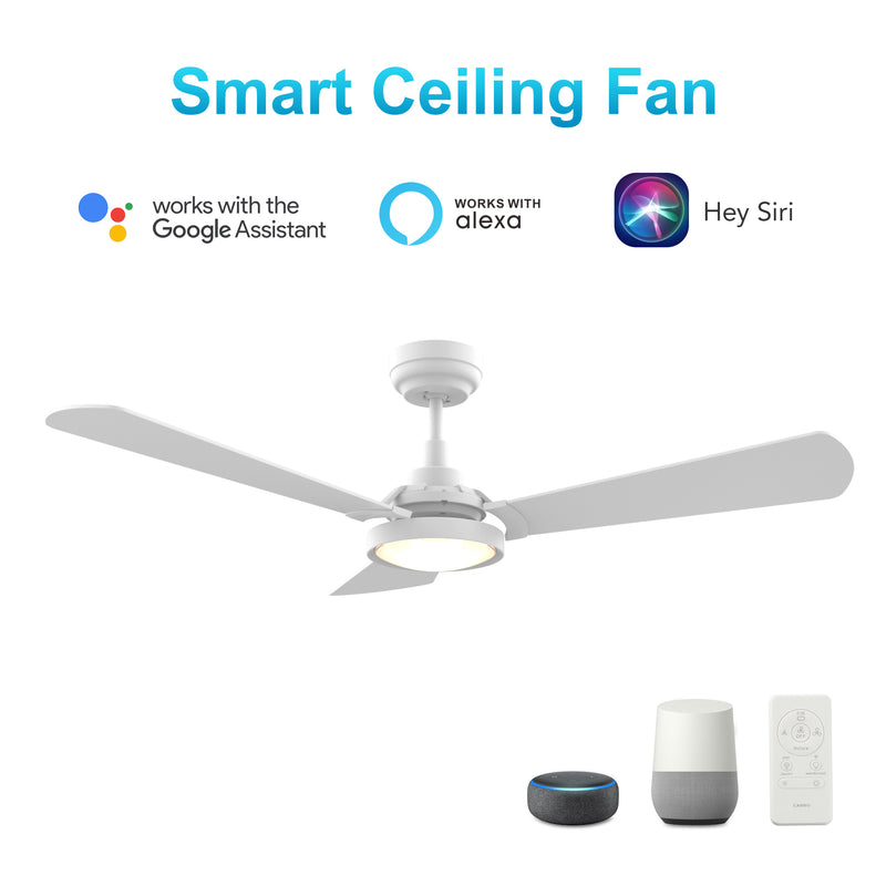 Carro Home BRISA 52 inch 3-Blade Smart Ceiling Fan with LED Light & Remote Control - White/White Fan Blades