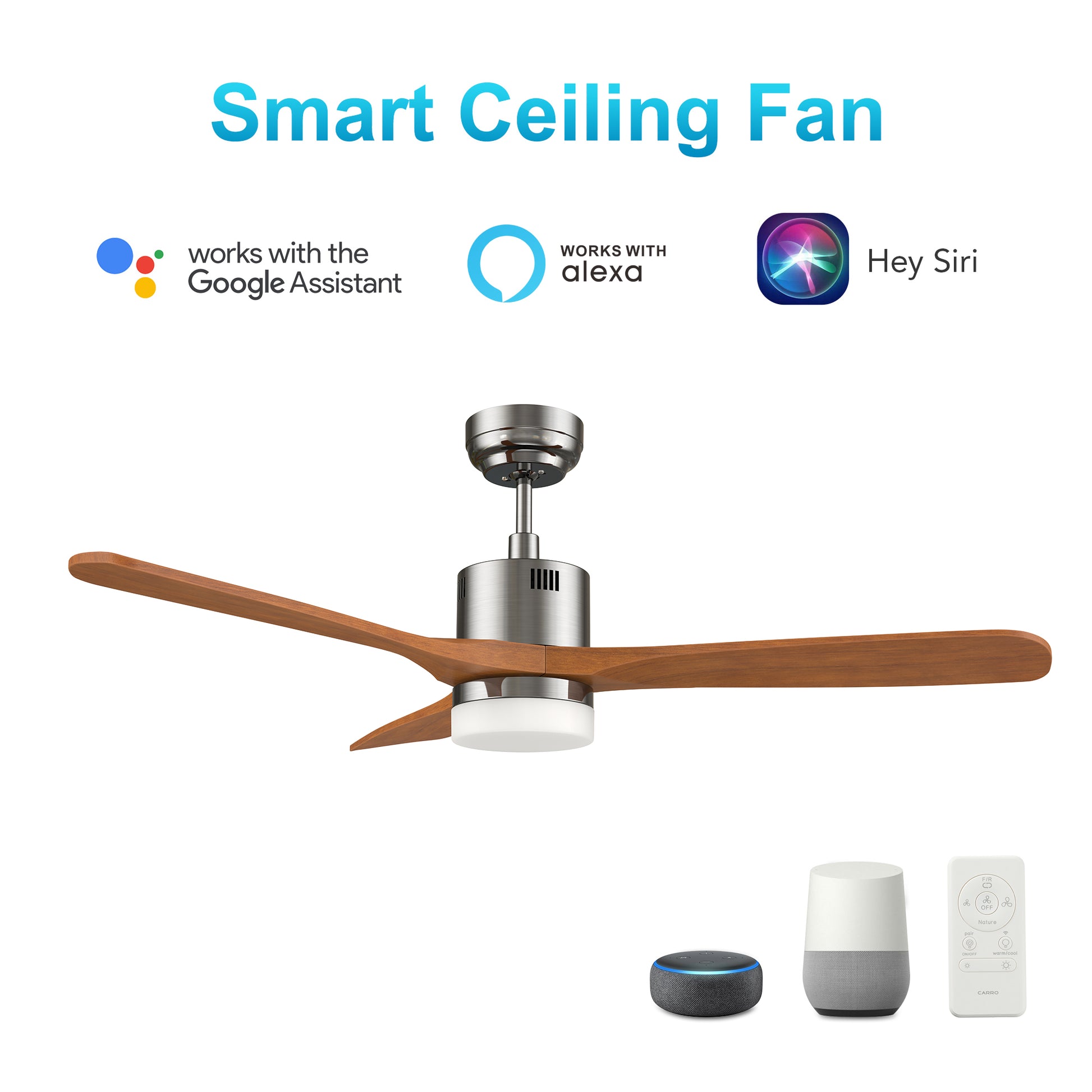 Carro PALMER 52 inch 3-Blade Smart Ceiling Fan with LED Light Kit & Remote- Silver/Antique Walnut