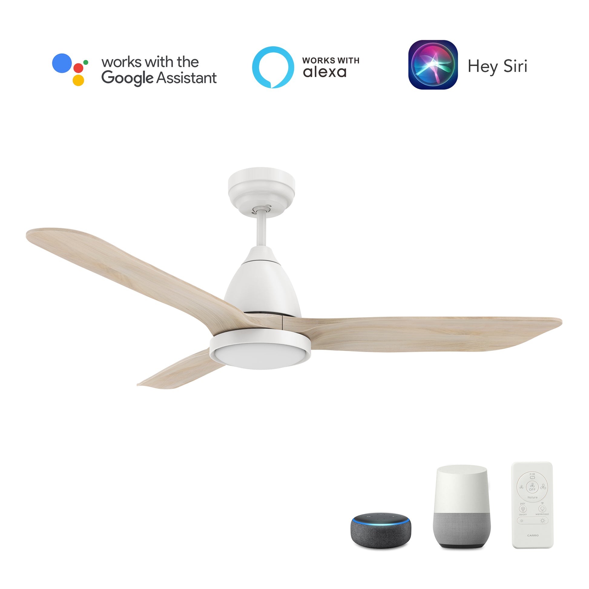 Carro GARRICK 52 inch 3-Blade Smart Ceiling Fan with LED Light Kit & Remote- Silver/White Oak