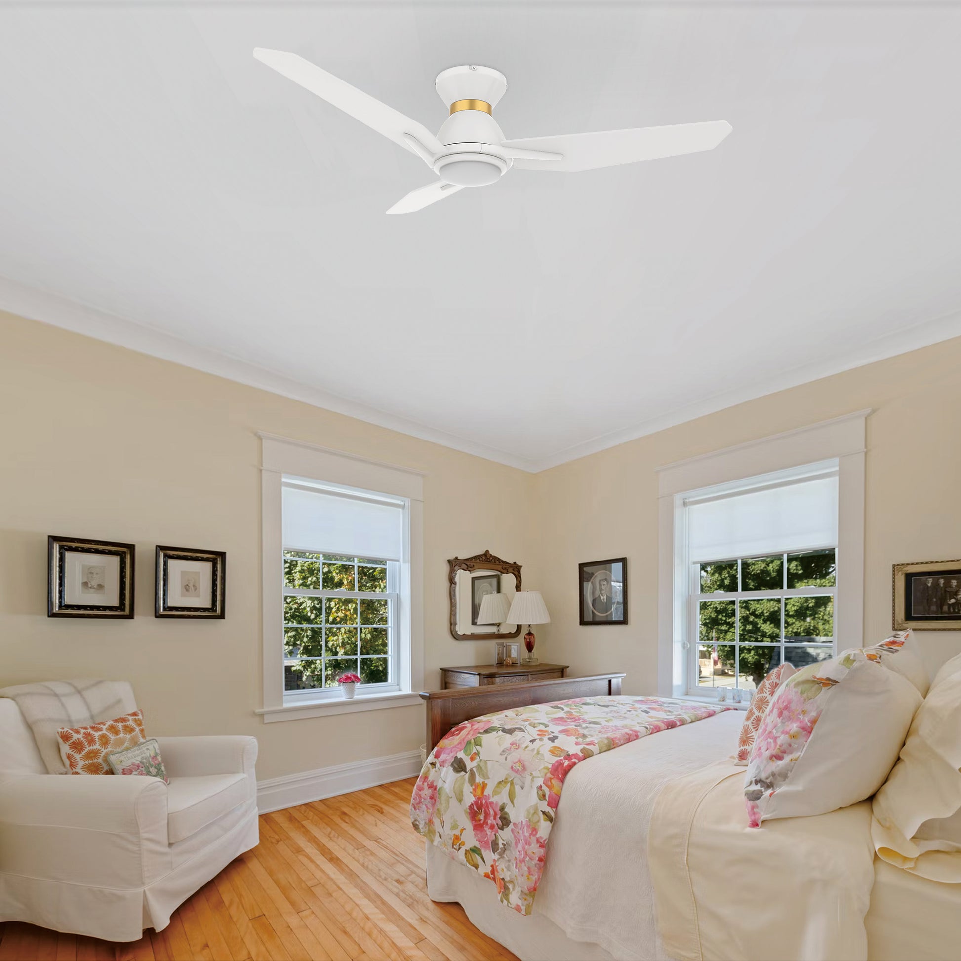 Carro CALEN 52 inch 3-Blade Flush Mount Smart Ceiling Fan with LED Light Kit & Remote Control- White/White